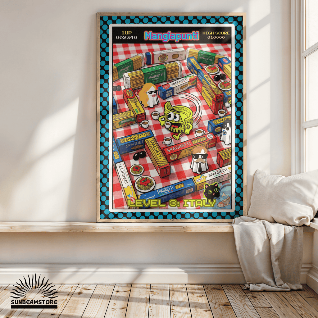 Catfishing in Italy – Italienische Pop Art | Lustige Pasta Wandkunst | Retro Comic Küchenbild | The Pasta Series No. 1 | Poster 70x100cm