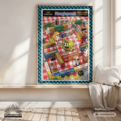 Catfishing in Italy – Italienische Pop Art | Lustige Pasta Wandkunst | Retro Comic Küchenbild | The Pasta Series No. 1| Premium Semi-Glossy Paper Wooden Framed Poster DIN A1-A4 - Sunbeamstore