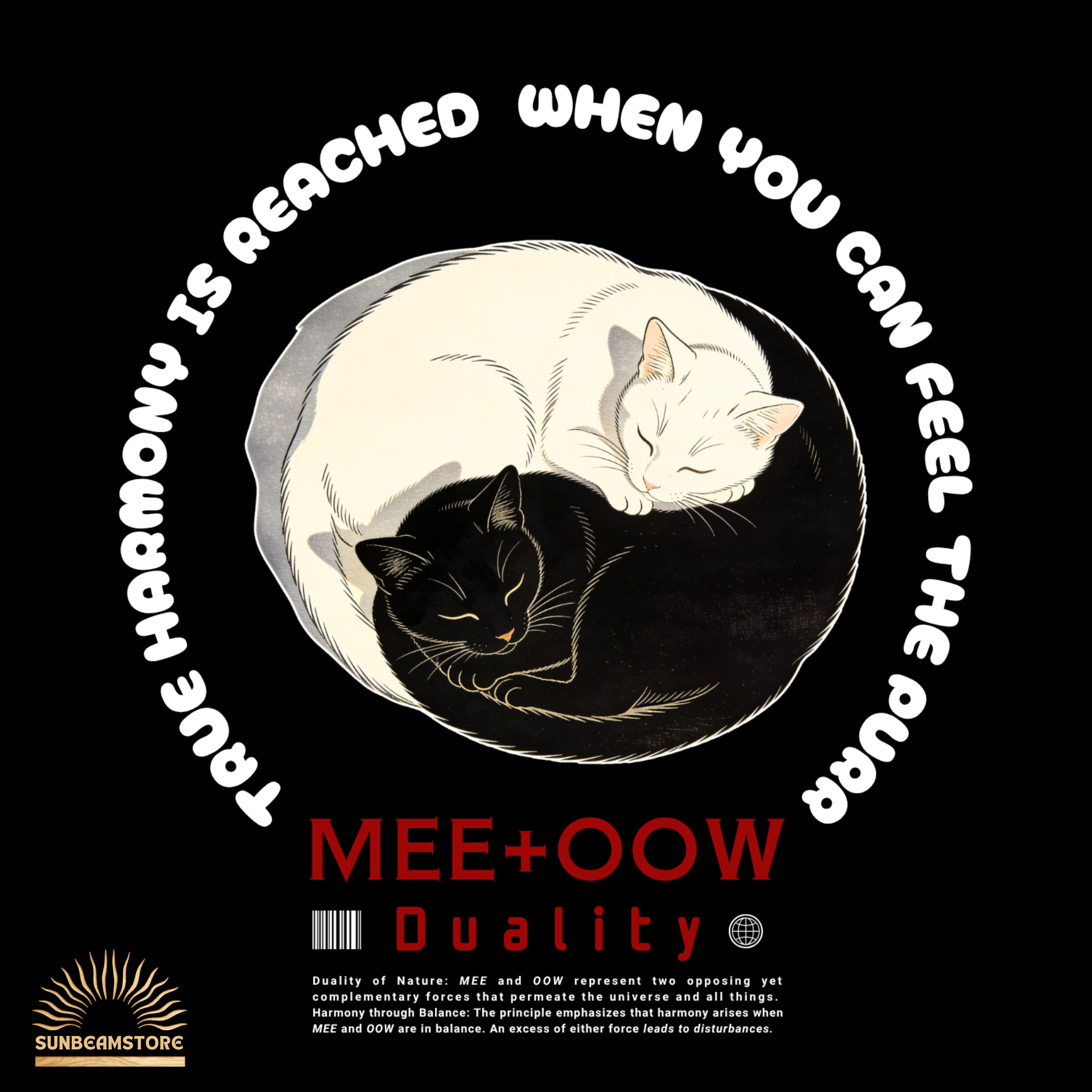 Yin Yang Katzen T-Shirt – Mee+Oow Duality, Minimalistisches Katzen Design, Balance & Harmonie, Katzenliebhaber Geschenk Premium Unisex Crewneck T-shirt | Bella + Canvas 3001