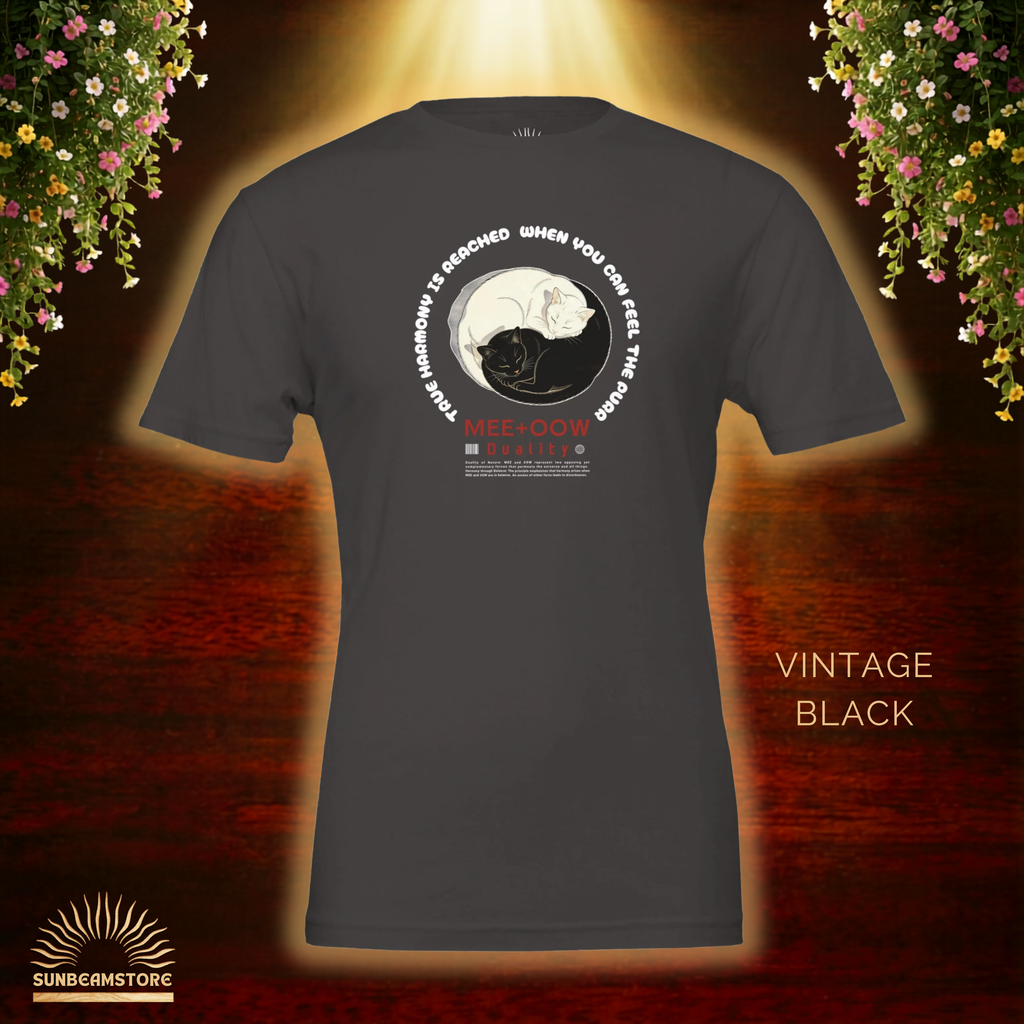 Yin Yang Katzen T-Shirt – Mee+Oow Duality, Minimalistisches Katzen Design, Balance & Harmonie, Katzenliebhaber Geschenk Premium Unisex Crewneck T-shirt | Bella + Canvas 3001