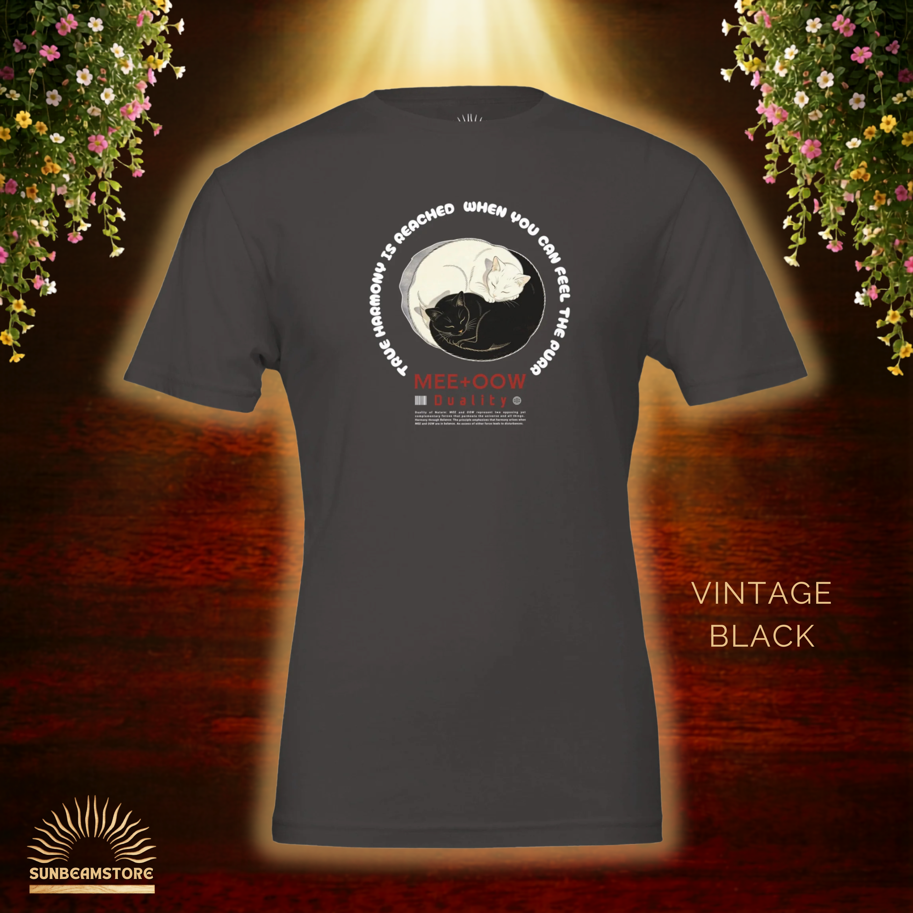 Yin Yang Katzen T-Shirt – Mee+Oow Duality, Minimalistisches Katzen Design, Balance & Harmonie, Katzenliebhaber Geschenk Premium Unisex Crewneck T-shirt | Bella + Canvas 3001