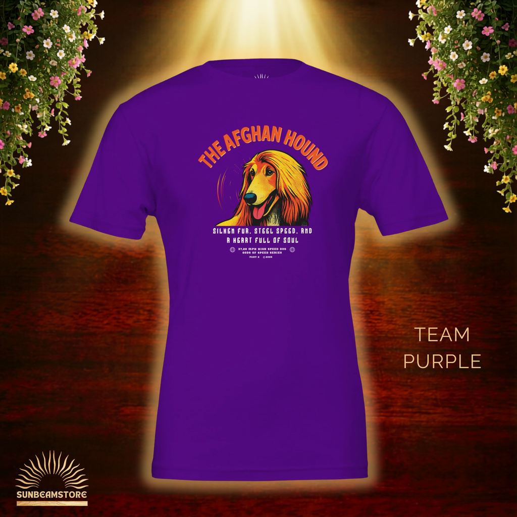 Afghanischer Windhund T-Shirt – Gods of Speed Series Part 2- Silken Fur, Steel Speed and a Heart Full of Soul | Elegantes Afghan Hound Motiv für Windhund-Liebhaber | Unisex Premium T-Shirt Bella + Canvas 3001