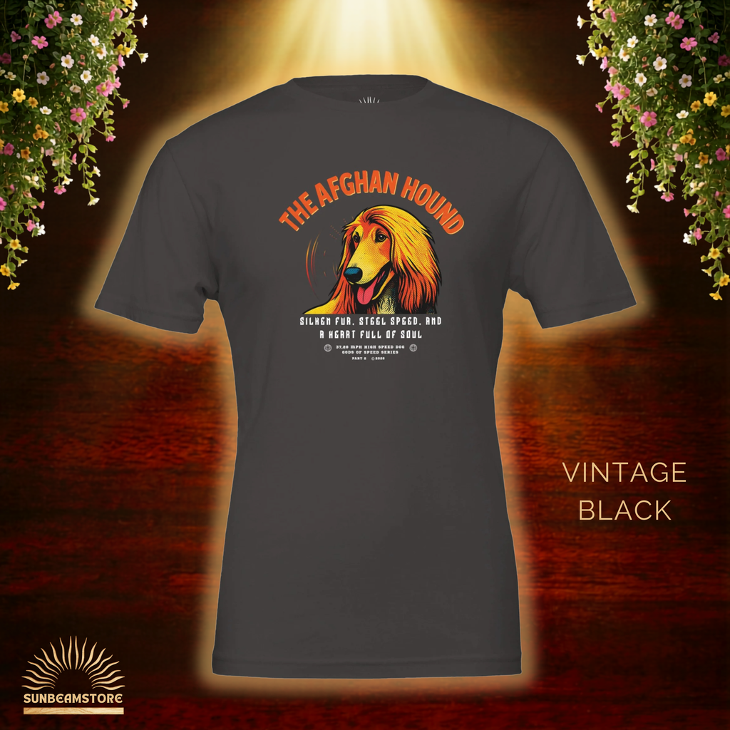 Afghanischer Windhund T-Shirt – Gods of Speed Series Part 2- Silken Fur, Steel Speed and a Heart Full of Soul | Elegantes Afghan Hound Motiv für Windhund-Liebhaber | Unisex Premium T-Shirt Bella + Canvas 3001