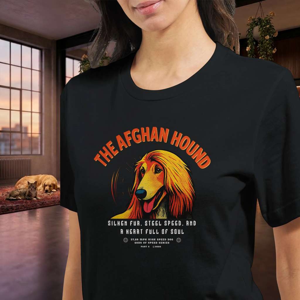 Afghanischer Windhund T-Shirt – Gods of Speed Series Part 2- Silken Fur, Steel Speed and a Heart Full of Soul | Elegantes Afghan Hound Motiv für Windhund-Liebhaber | Unisex Premium T-Shirt Bella + Canvas 3001