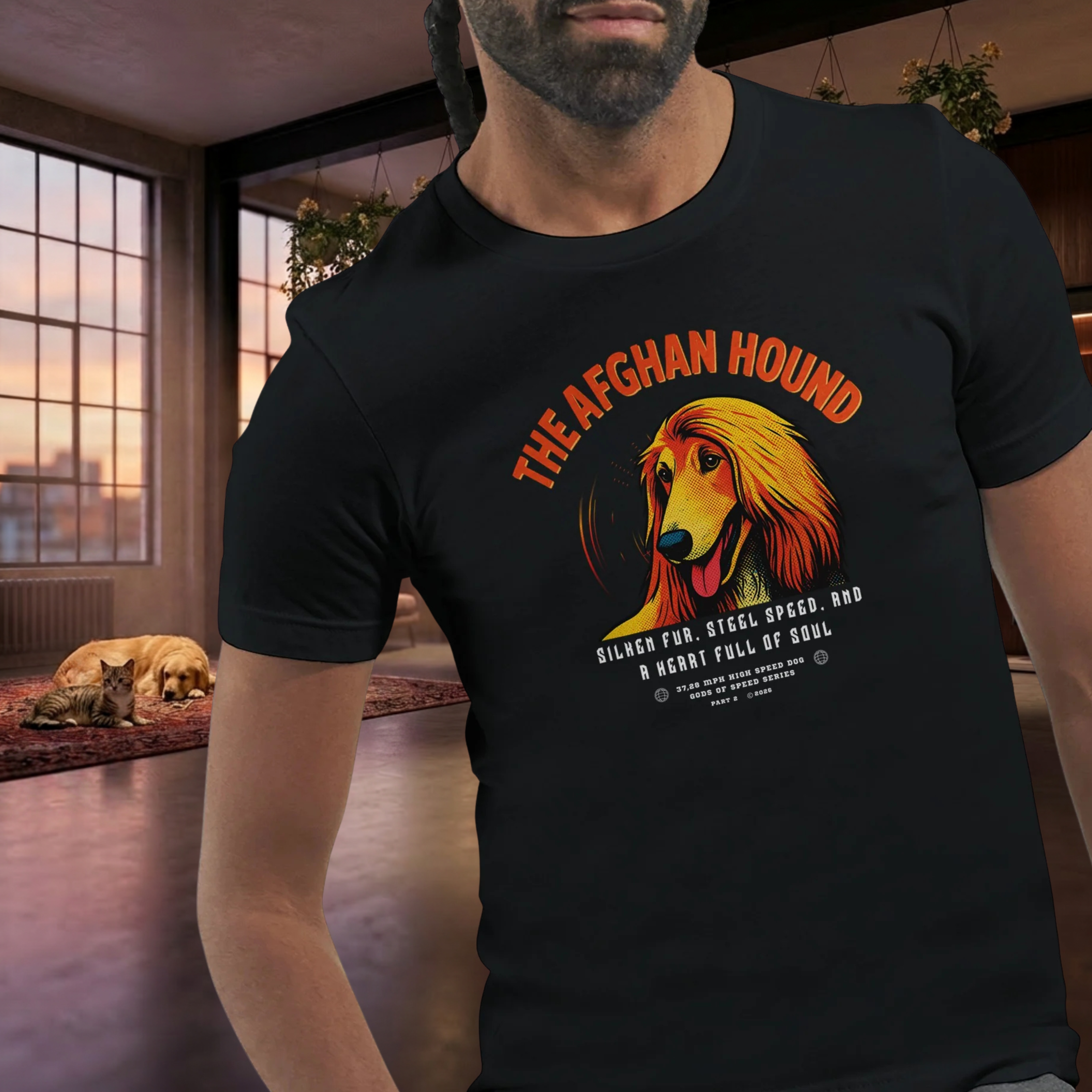Afghanischer Windhund T-Shirt – Gods of Speed Series Part 2- Silken Fur, Steel Speed and a Heart Full of Soul | Elegantes Afghan Hound Motiv für Windhund-Liebhaber | Unisex Premium T-Shirt Bella + Canvas 3001