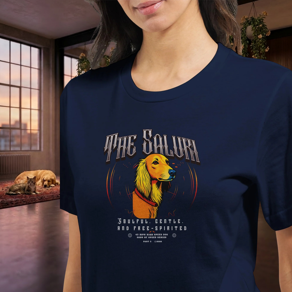 Saluki T-Shirt – The Saluki, Gods of Speed Serie Part 3, Windhund Shirt, Geschenk für Saluki Liebhaber, Soulful Gentle Free-Spirited Premium Unisex Crewneck T-shirt | Bella + Canvas 3001