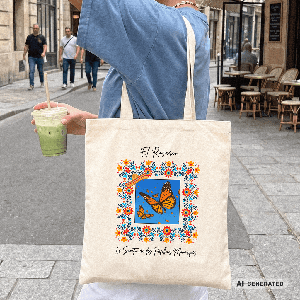 Stofftasche Monarchfalter – Mexiko Butterfly Design, bunter Jutebeutel, Boho Tote Bag mit Blumenrahmen I Classic Tote Bag - Sunbeamstore