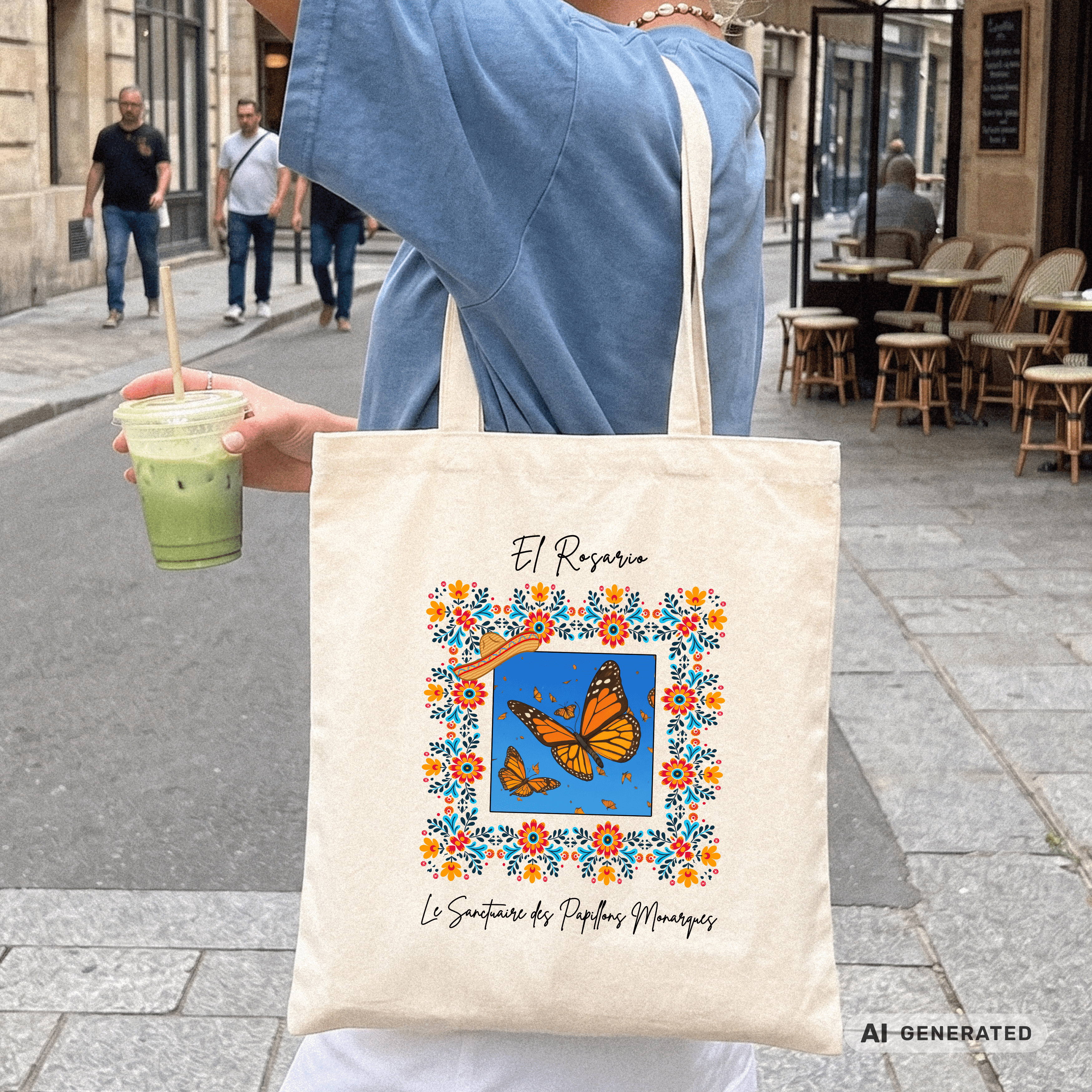 Stofftasche Monarchfalter – Mexiko Butterfly Design, bunter Jutebeutel, Boho Tote Bag mit Blumenrahmen I Classic Tote Bag - Sunbeamstore
