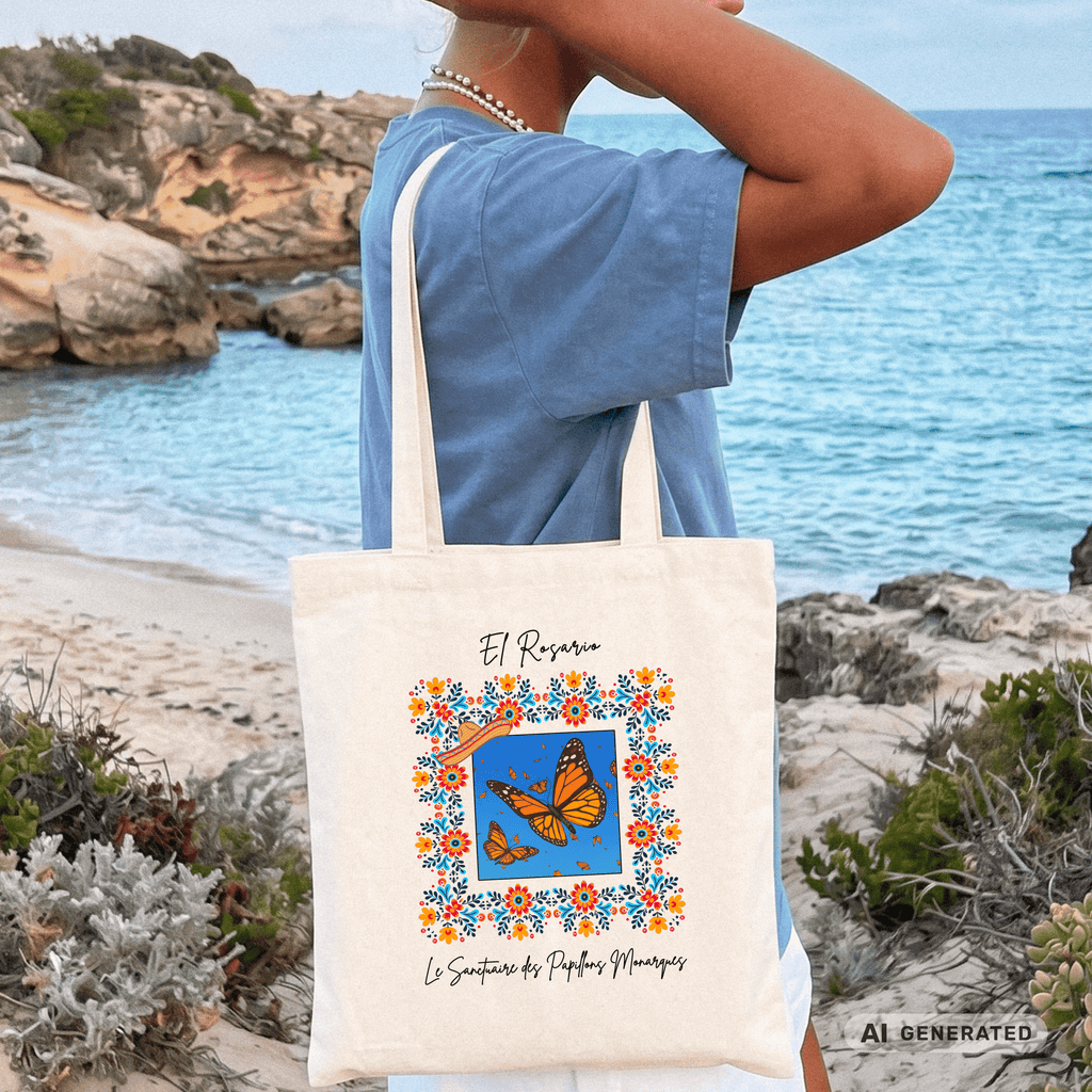 Stofftasche Monarchfalter – Mexiko Butterfly Design, bunter Jutebeutel, Boho Tote Bag mit Blumenrahmen I Classic Tote Bag - Sunbeamstore