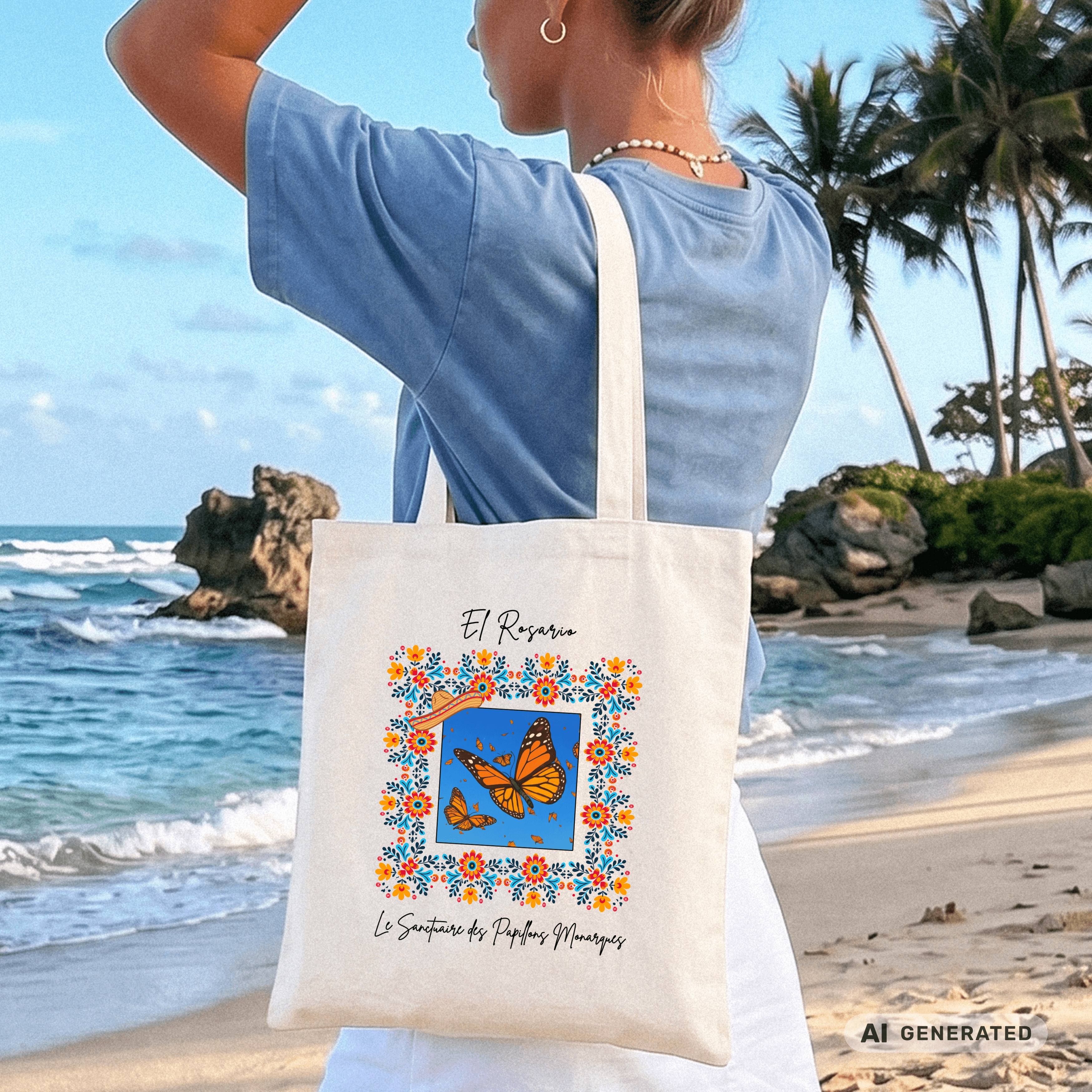 Stofftasche Monarchfalter – Mexiko Butterfly Design, bunter Jutebeutel, Boho Tote Bag mit Blumenrahmen I Classic Tote Bag - Sunbeamstore