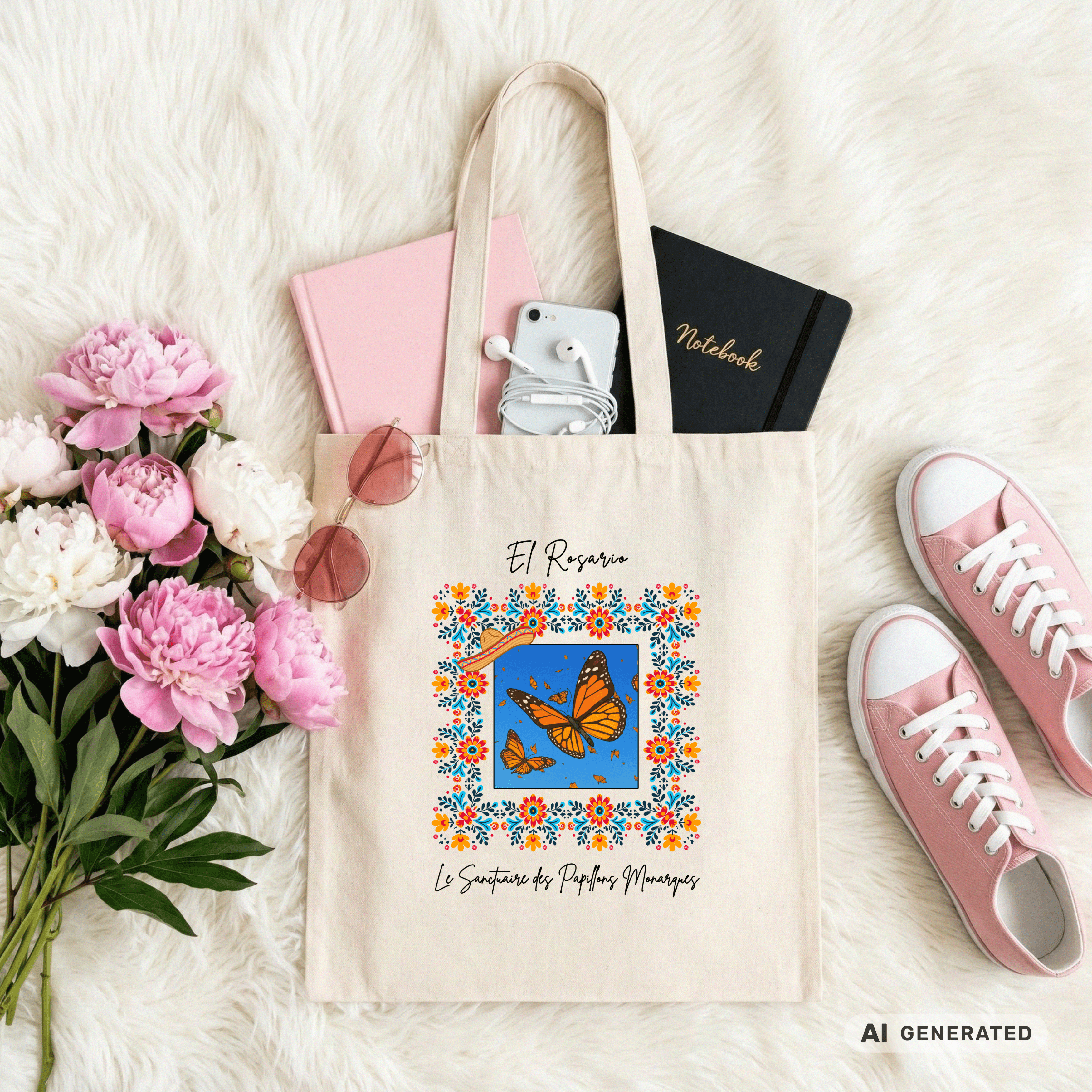 Stofftasche Monarchfalter – Mexiko Butterfly Design, bunter Jutebeutel, Boho Tote Bag mit Blumenrahmen I Classic Tote Bag - Sunbeamstore