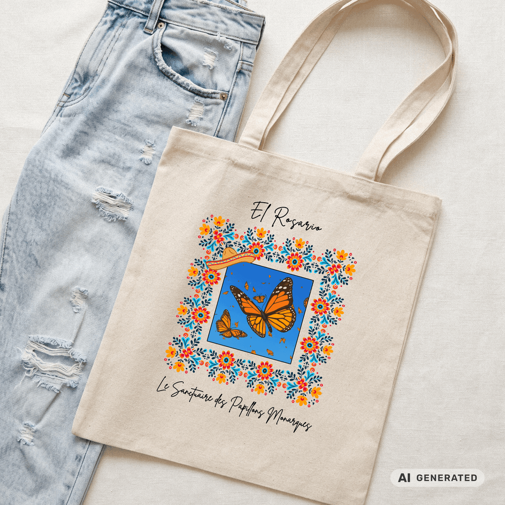 Stofftasche Monarchfalter – Mexiko Butterfly Design, bunter Jutebeutel, Boho Tote Bag mit Blumenrahmen I Classic Tote Bag - Sunbeamstore