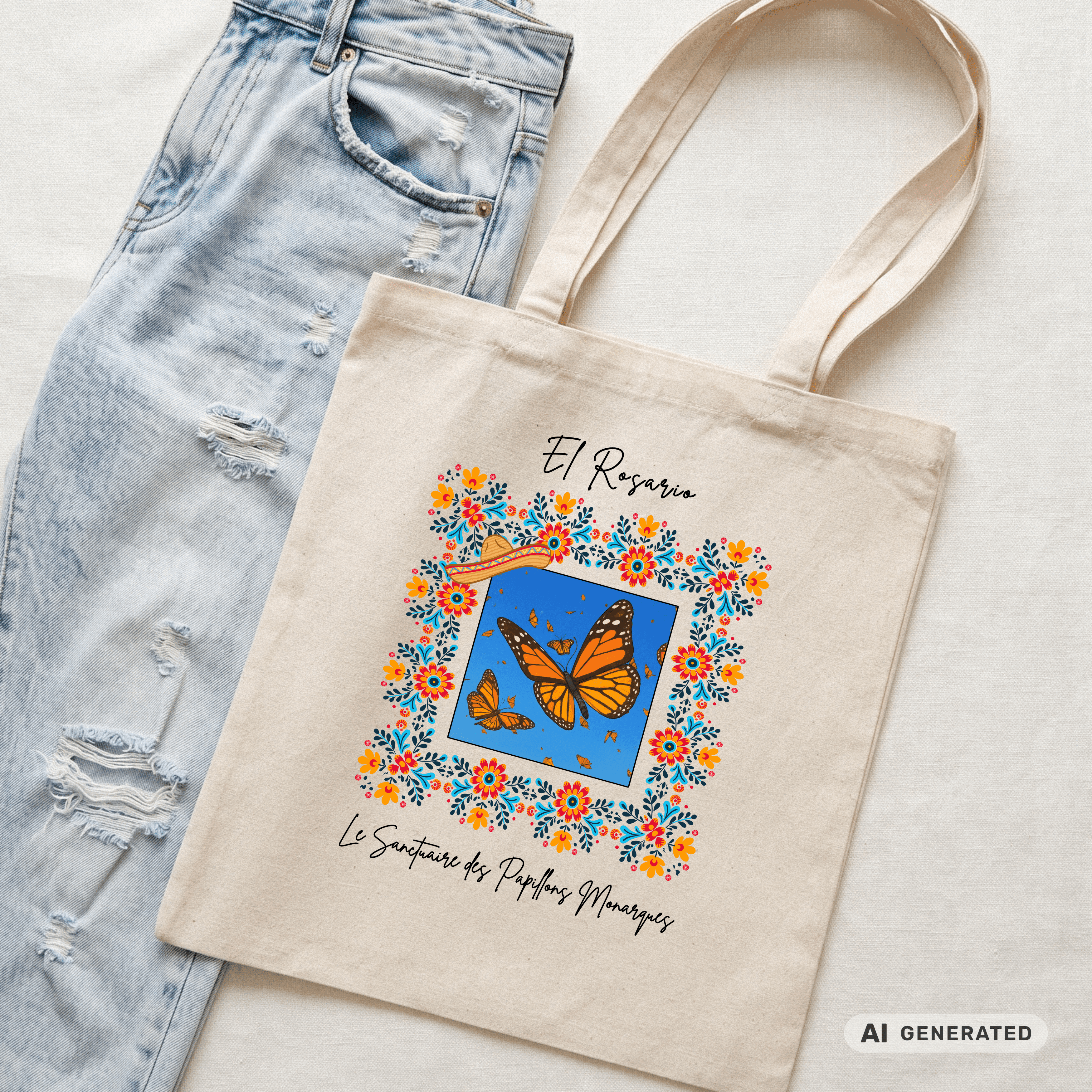 Stofftasche Monarchfalter – Mexiko Butterfly Design, bunter Jutebeutel, Boho Tote Bag mit Blumenrahmen I Classic Tote Bag - Sunbeamstore