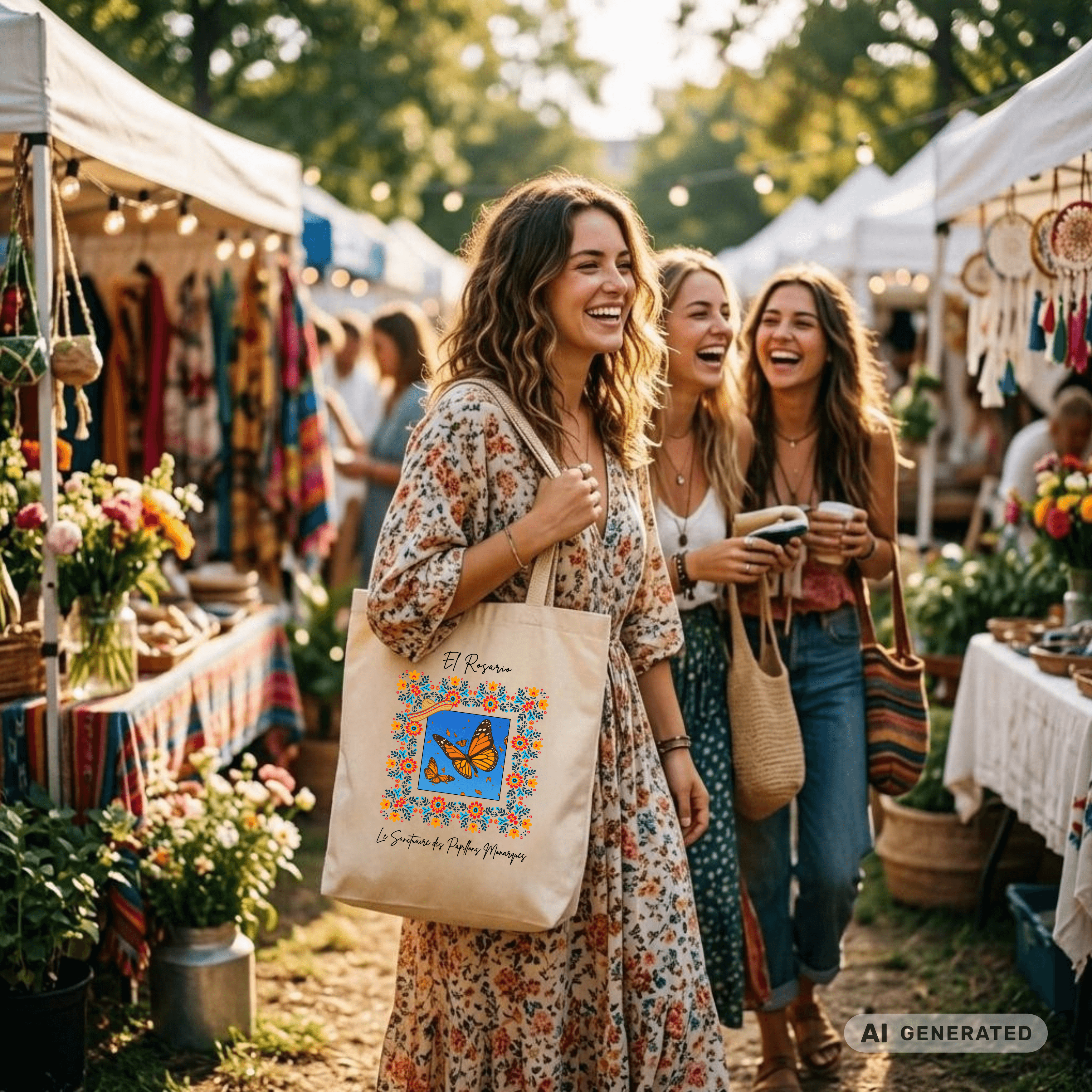 Stofftasche Monarchfalter – Mexiko Butterfly Design, bunter Jutebeutel, Boho Tote Bag mit Blumenrahmen I Classic Tote Bag - Sunbeamstore