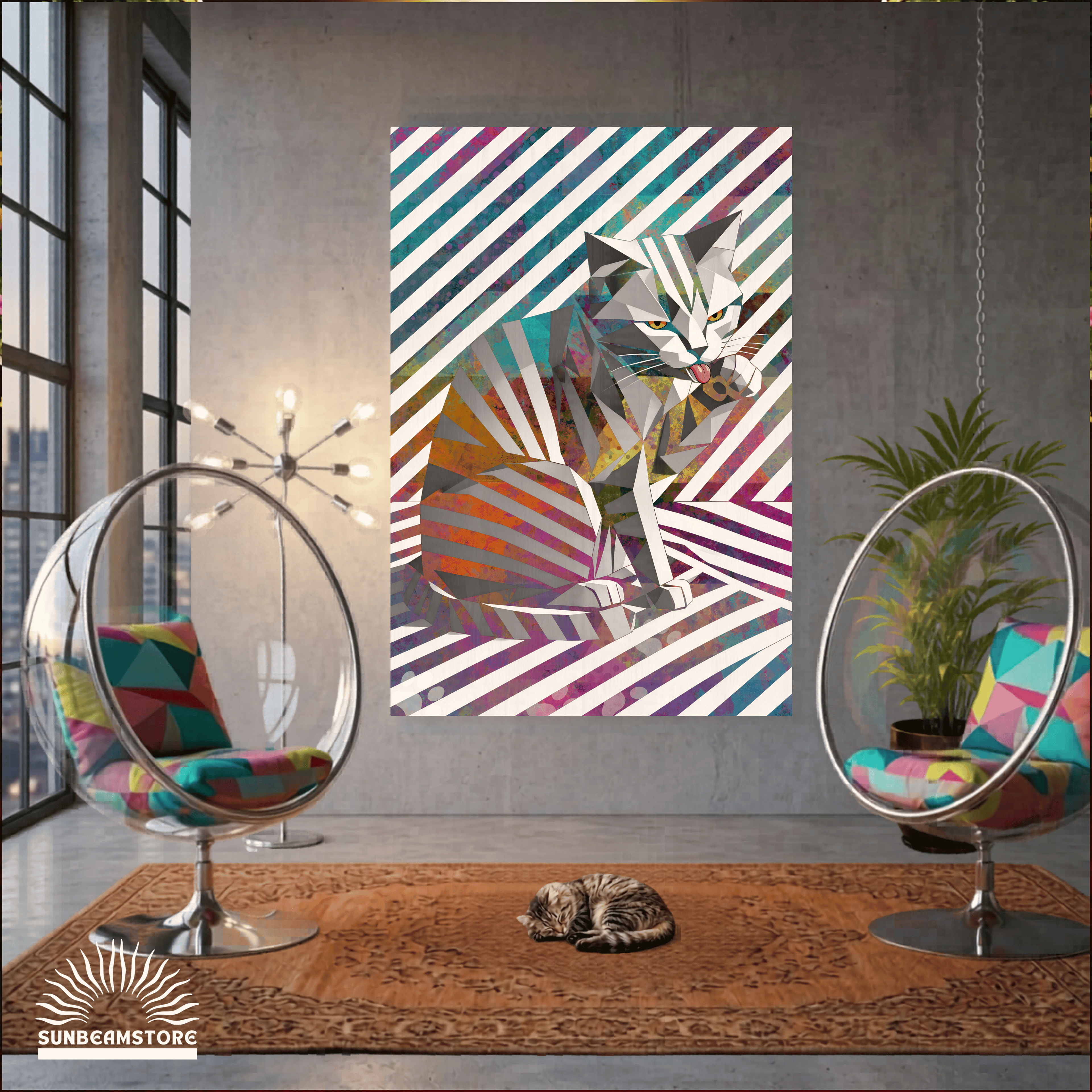 Origami Cat – Moderne Katzenkunst auf Leinwand 70 x 100 cm | Geometrische Pop Art Wanddeko für Katzenliebhaber I Canvas 70x100 cm / 28x40″