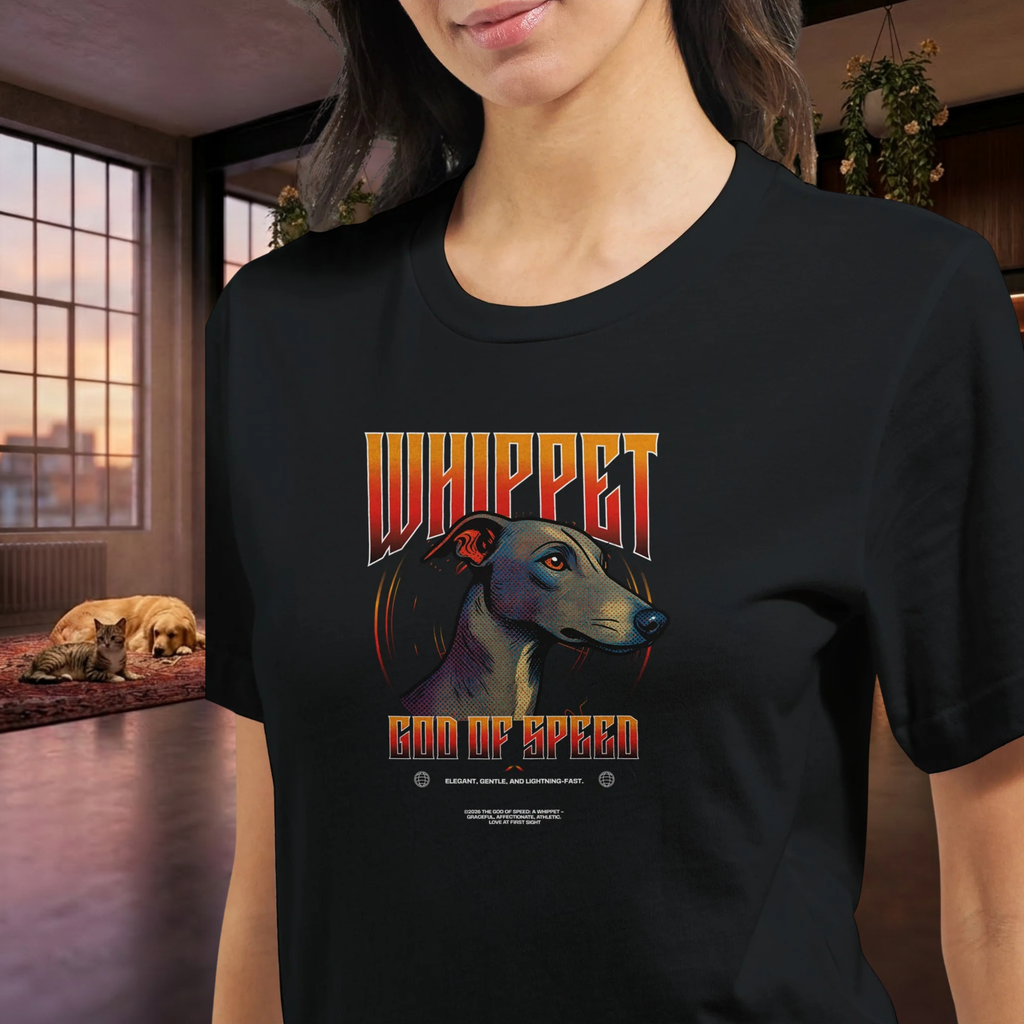 Whippet T-Shirt – Gods of Speed Series Part 1, Windhund Shirt, Whippet Geschenk, Elegantes Hundemotiv, Sighthound Shirt für Whippet Liebhaber Premium Unisex Crewneck T-shirt | Bella + Canvas 3001