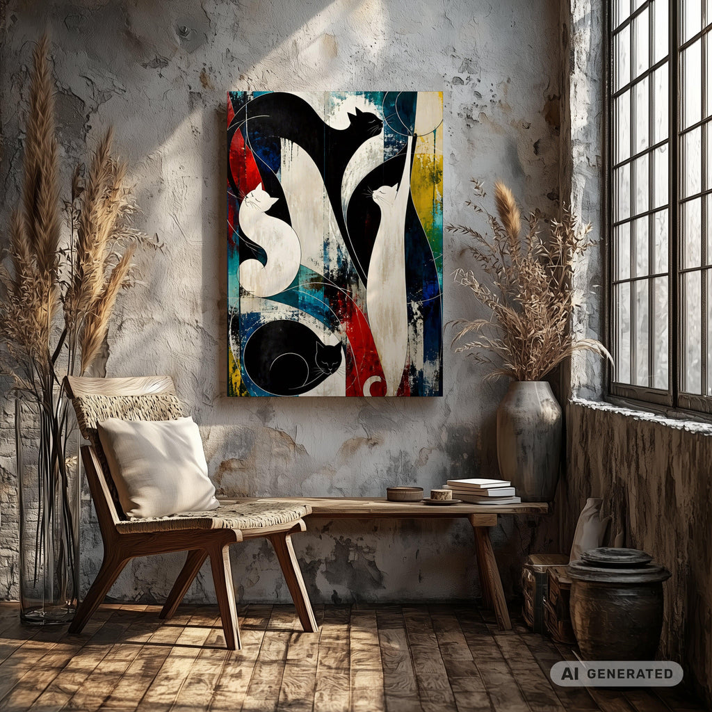Nocturne for Four Cats – Modernes Katzenbild auf Leinwand 70 x 100 cm | Abstrakte Katzenkunst in kräftigen Farben I Canvas 70x100 cm / 28x40″ - Sunbeamstore