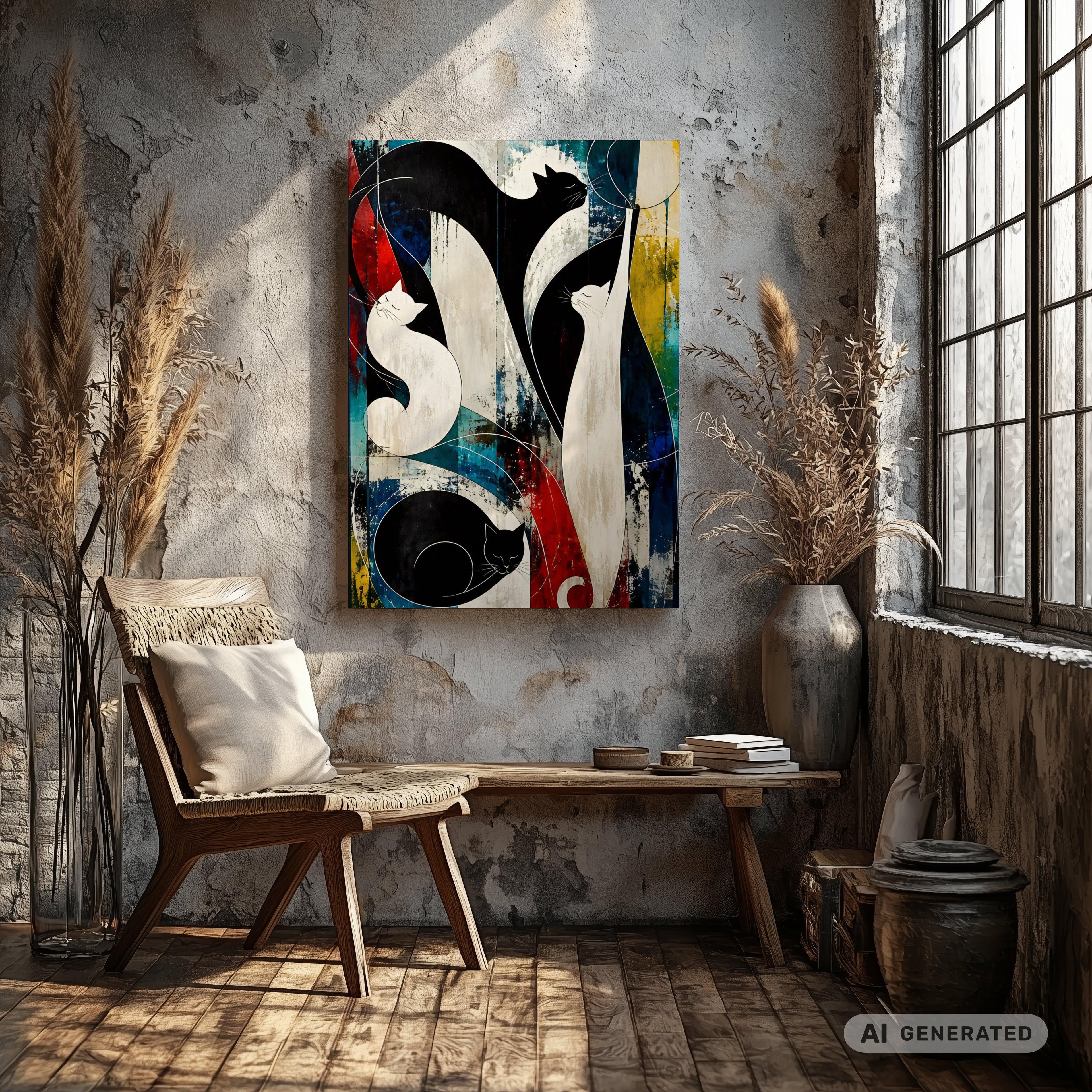 Nocturne for Four Cats – Modernes Katzenbild auf Leinwand 70 x 100 cm | Abstrakte Katzenkunst in kräftigen Farben I Canvas 70x100 cm / 28x40″ - Sunbeamstore