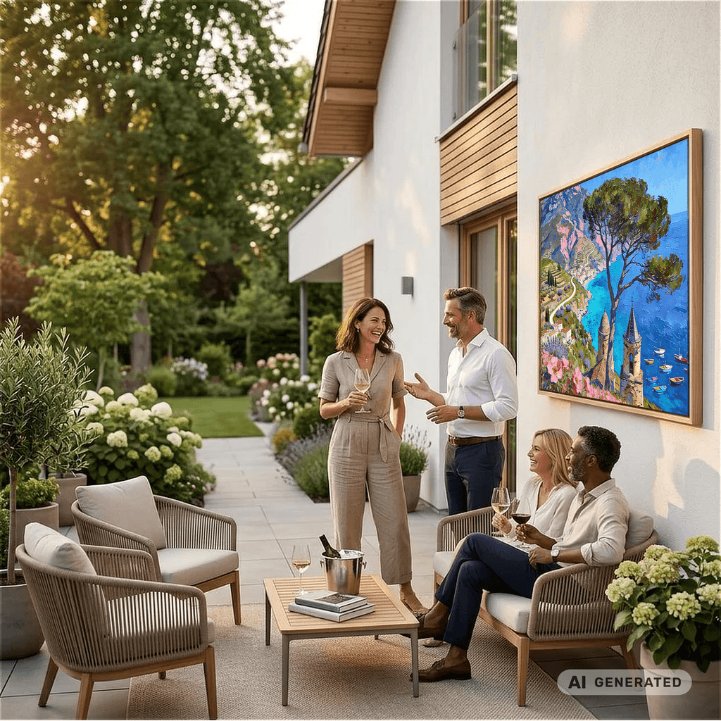 Traumküsten Serie Part I – Mediterrane Küstenlandschaft auf Leinwand I 60 × 80 cm| Holzrahmen Wandbild für Balkon & Terrasse | Urlaubsfeeling für Zuhause - Sunbeamstore