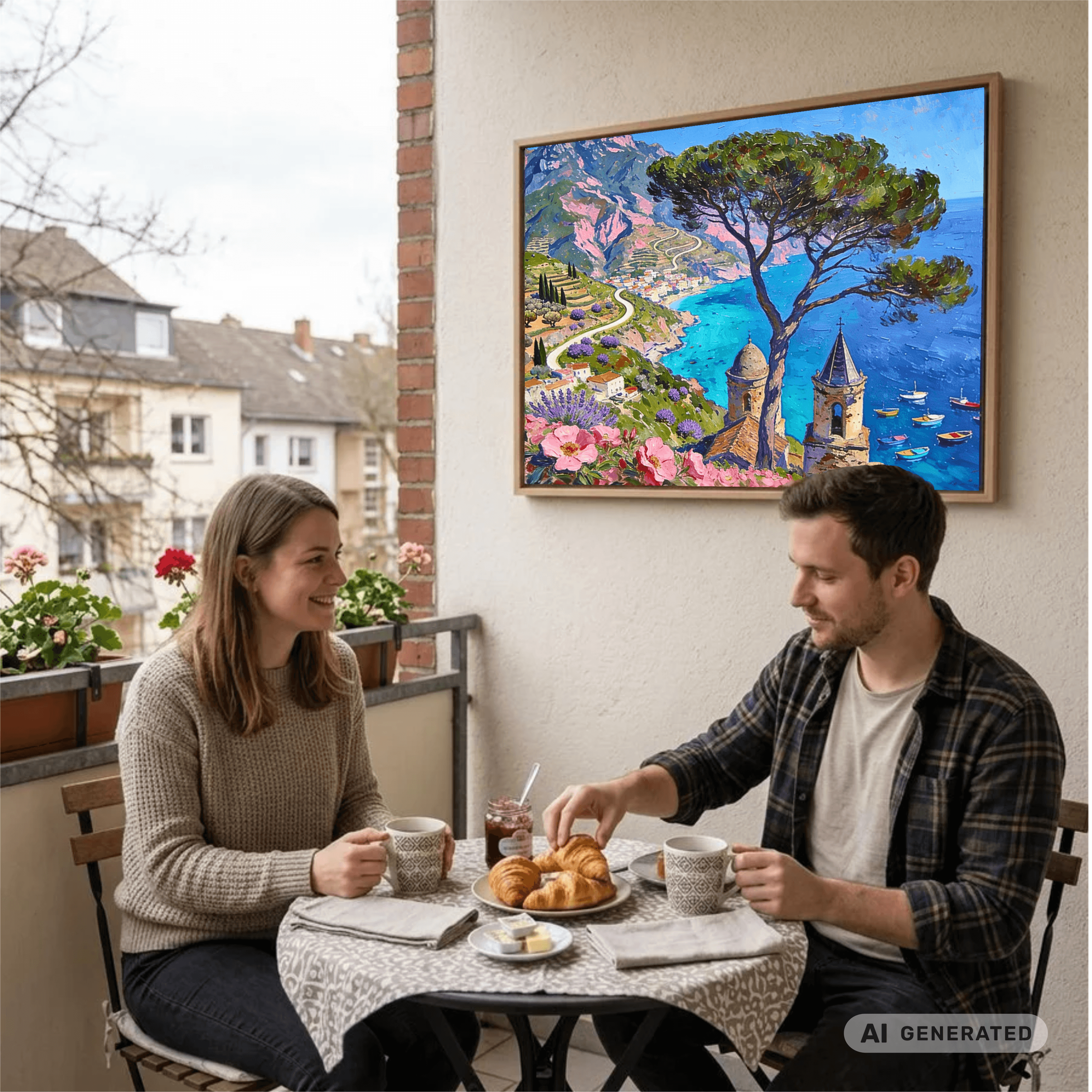 Traumküsten Serie Part I – Mediterrane Küstenlandschaft auf Leinwand I 60 × 80 cm| Holzrahmen Wandbild für Balkon & Terrasse | Urlaubsfeeling für Zuhause - Sunbeamstore