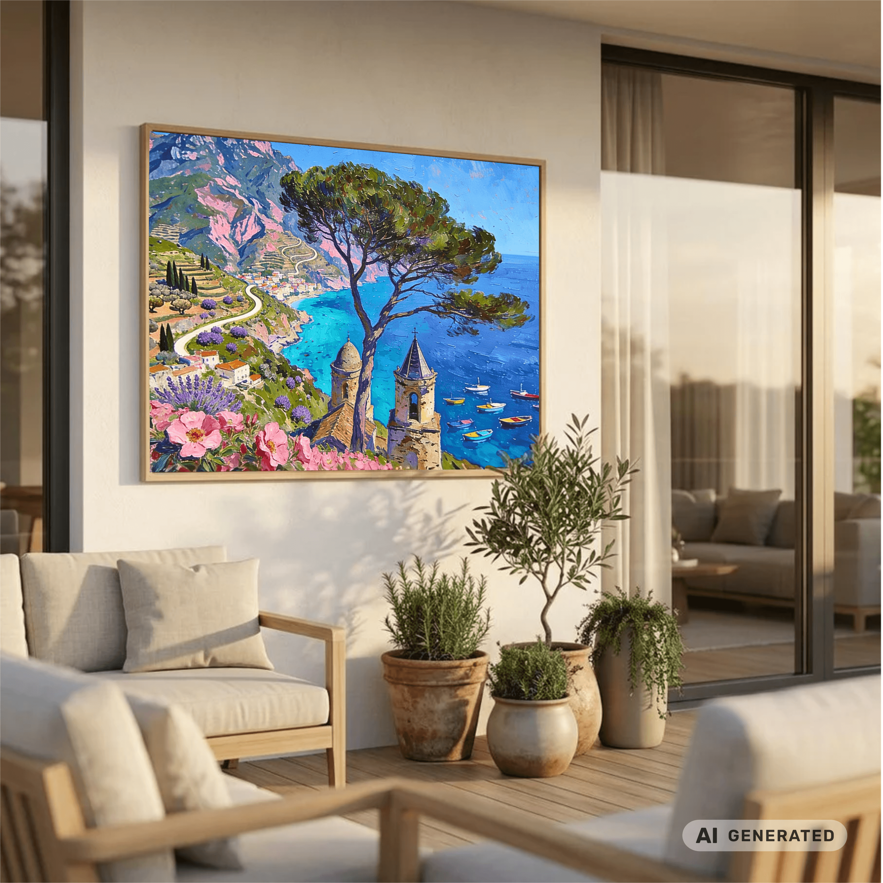 Traumküsten Serie Part I – Mediterrane Küstenlandschaft auf Leinwand I 60 × 80 cm| Holzrahmen Wandbild für Balkon & Terrasse | Urlaubsfeeling für Zuhause - Sunbeamstore