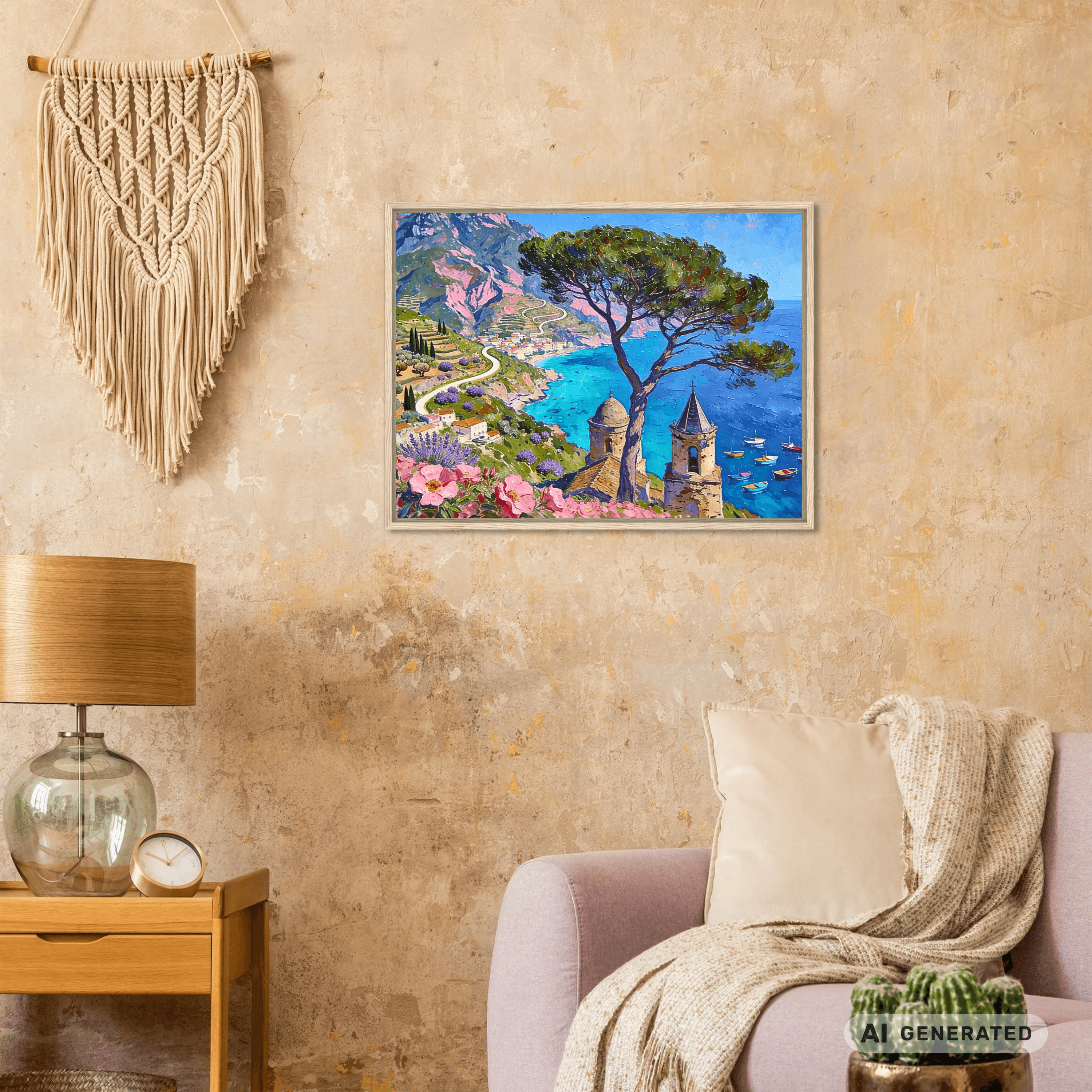 Traumküsten Serie Part I – Mediterrane Küstenlandschaft auf Leinwand I 60 × 80 cm| Holzrahmen Wandbild für Balkon & Terrasse | Urlaubsfeeling für Zuhause - Sunbeamstore