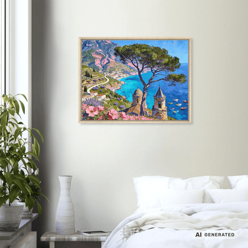 Traumküsten Serie Part I – Mediterrane Küstenlandschaft auf Leinwand I 60 × 80 cm| Holzrahmen Wandbild für Balkon & Terrasse | Urlaubsfeeling für Zuhause - Sunbeamstore