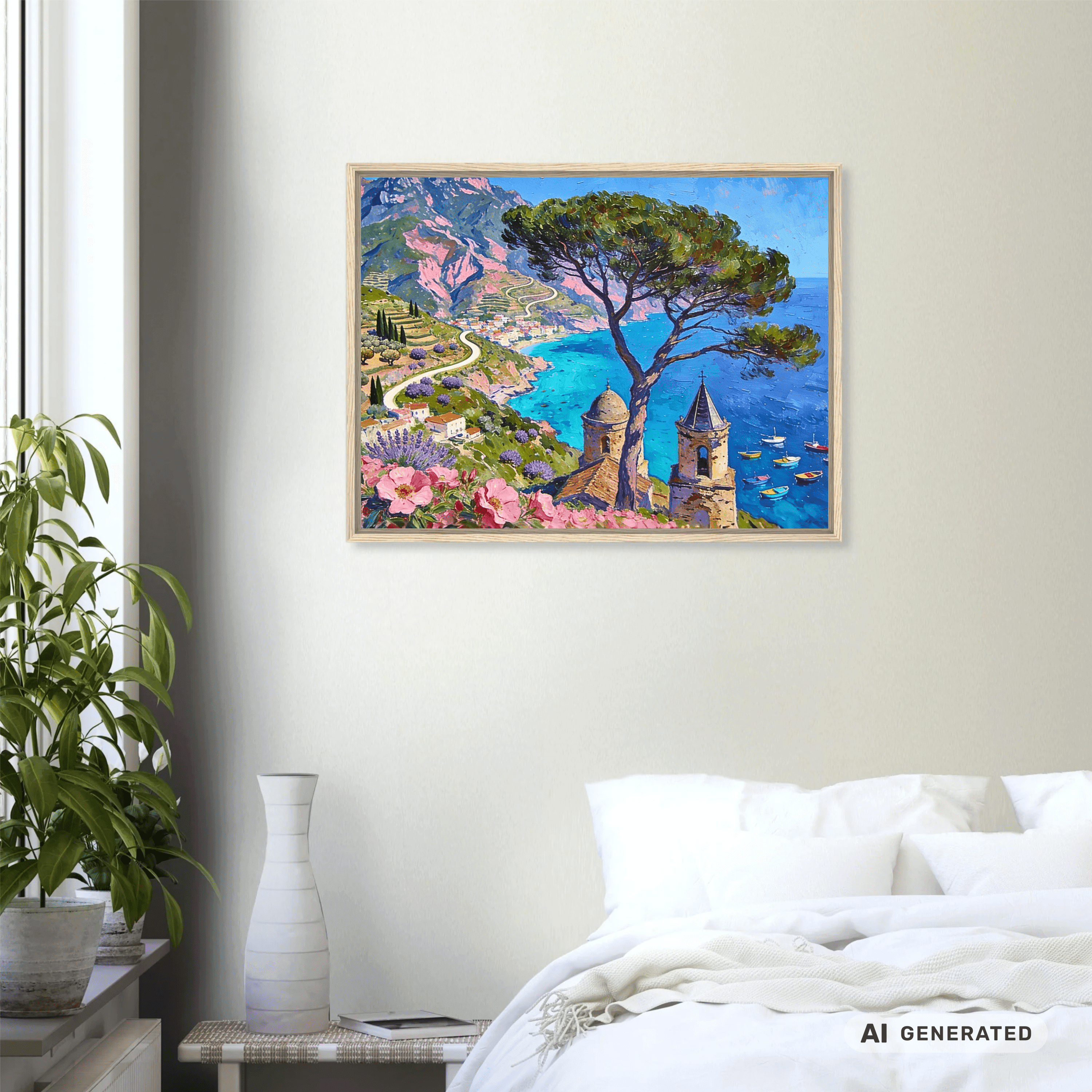 Traumküsten Serie Part I – Mediterrane Küstenlandschaft auf Leinwand I 60 × 80 cm| Holzrahmen Wandbild für Balkon & Terrasse | Urlaubsfeeling für Zuhause - Sunbeamstore