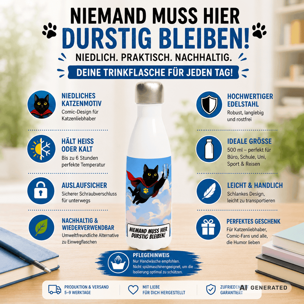 🦸🐱 Katzen Trinkflasche "Niemand muss hier durstig bleiben!" | Edelstahl Isolierflasche 500 ml | Geschenk für Katzenfans - Sunbeamstore