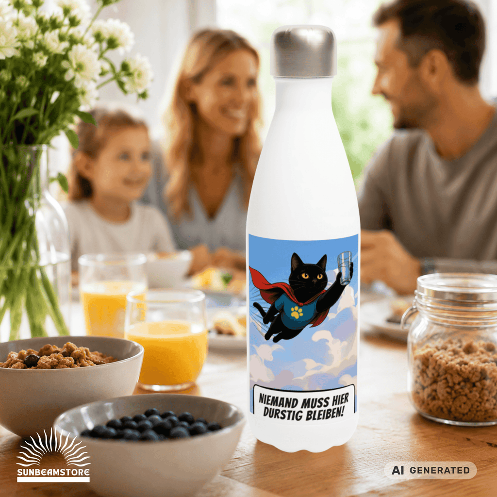 🦸🐱 Katzen Trinkflasche "Niemand muss hier durstig bleiben!" | Edelstahl Isolierflasche 500 ml | Geschenk für Katzenfans - Sunbeamstore