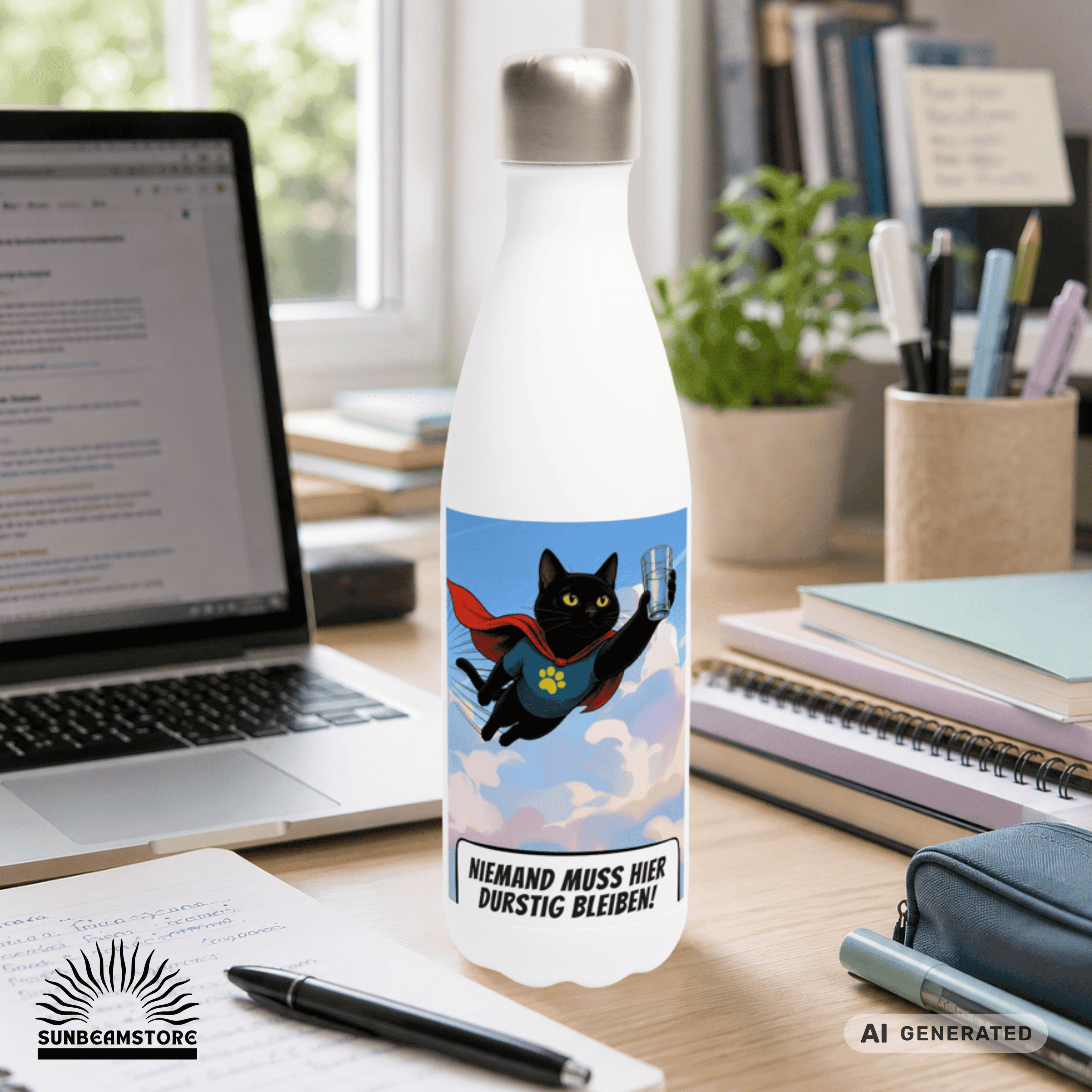 🦸🐱 Katzen Trinkflasche "Niemand muss hier durstig bleiben!" | Edelstahl Isolierflasche 500 ml | Geschenk für Katzenfans - Sunbeamstore