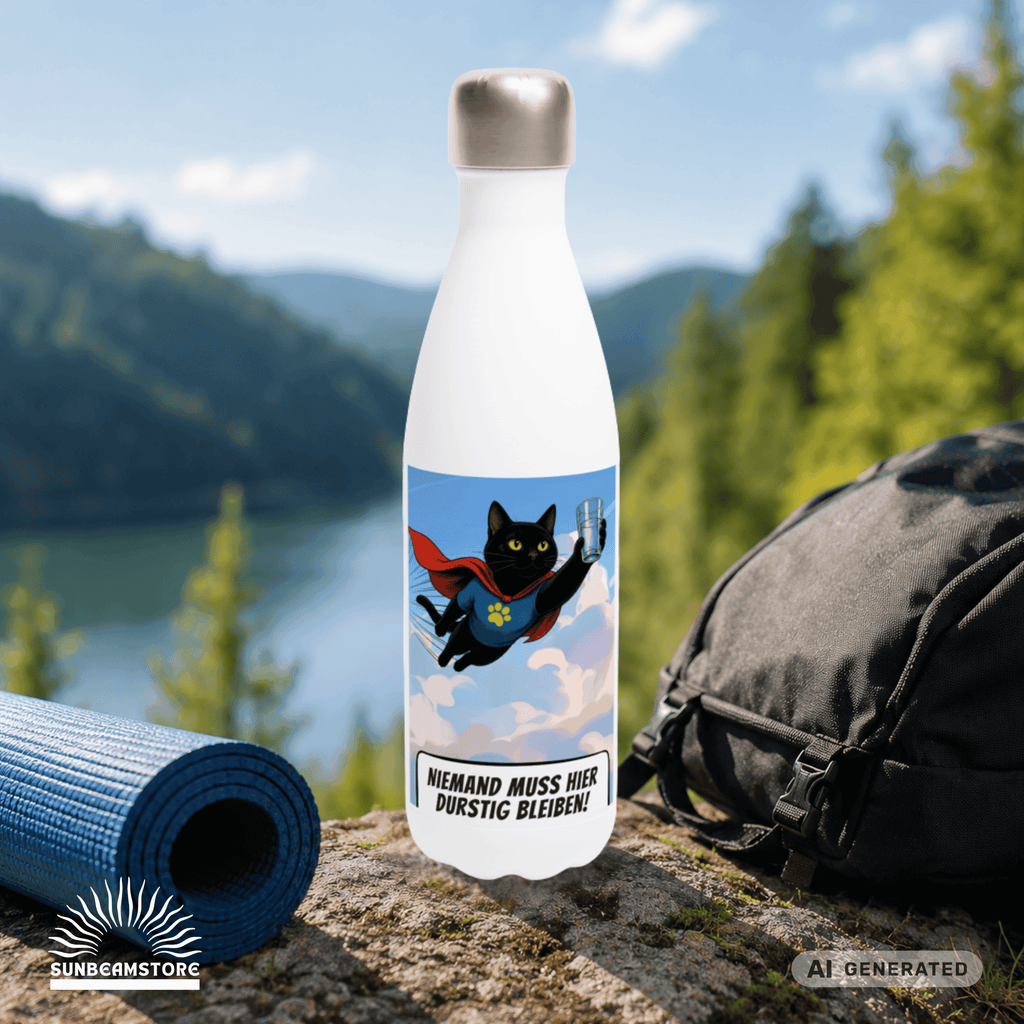 🦸🐱 Katzen Trinkflasche "Niemand muss hier durstig bleiben!" | Edelstahl Isolierflasche 500 ml | Geschenk für Katzenfans - Sunbeamstore