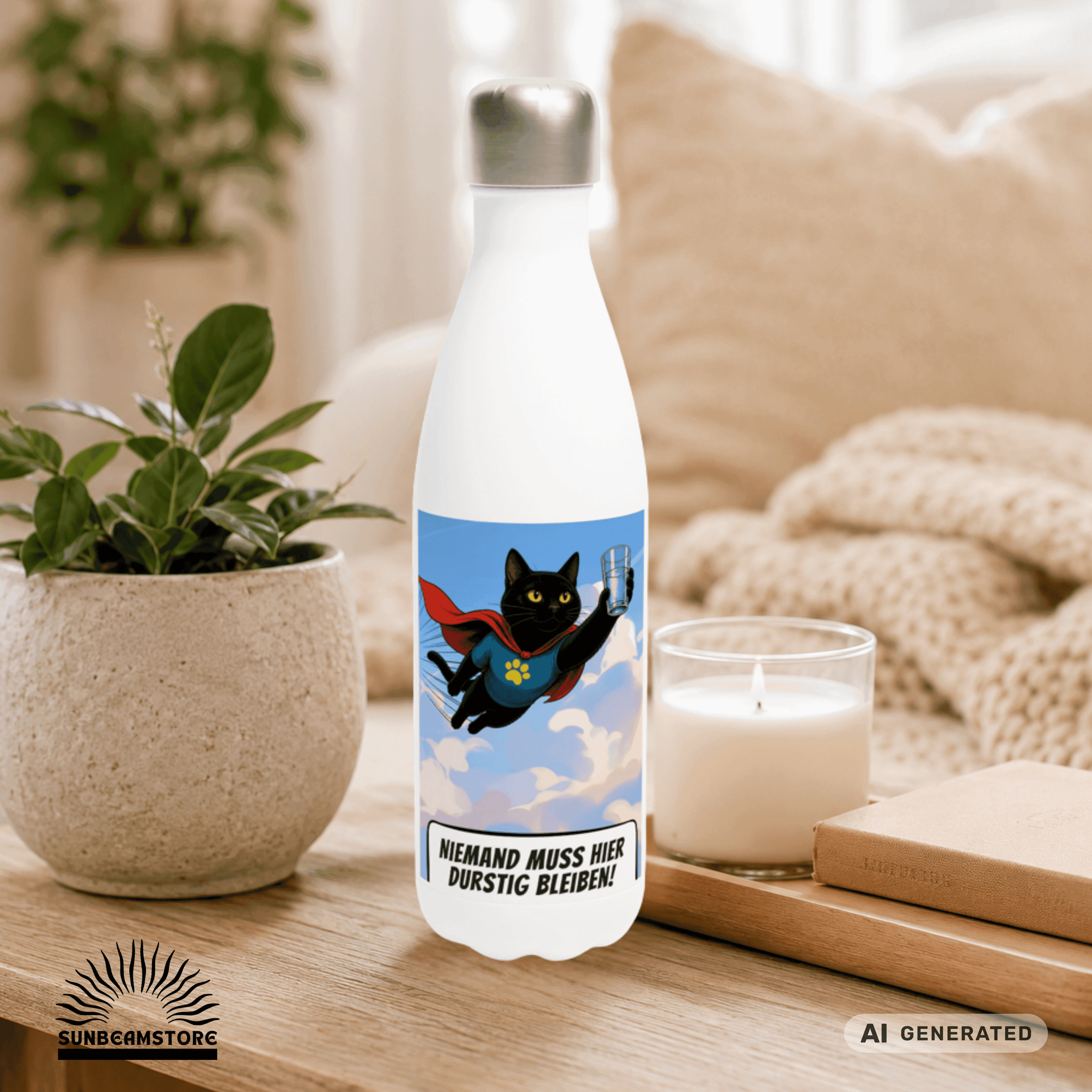 🦸🐱 Katzen Trinkflasche "Niemand muss hier durstig bleiben!" | Edelstahl Isolierflasche 500 ml | Geschenk für Katzenfans - Sunbeamstore