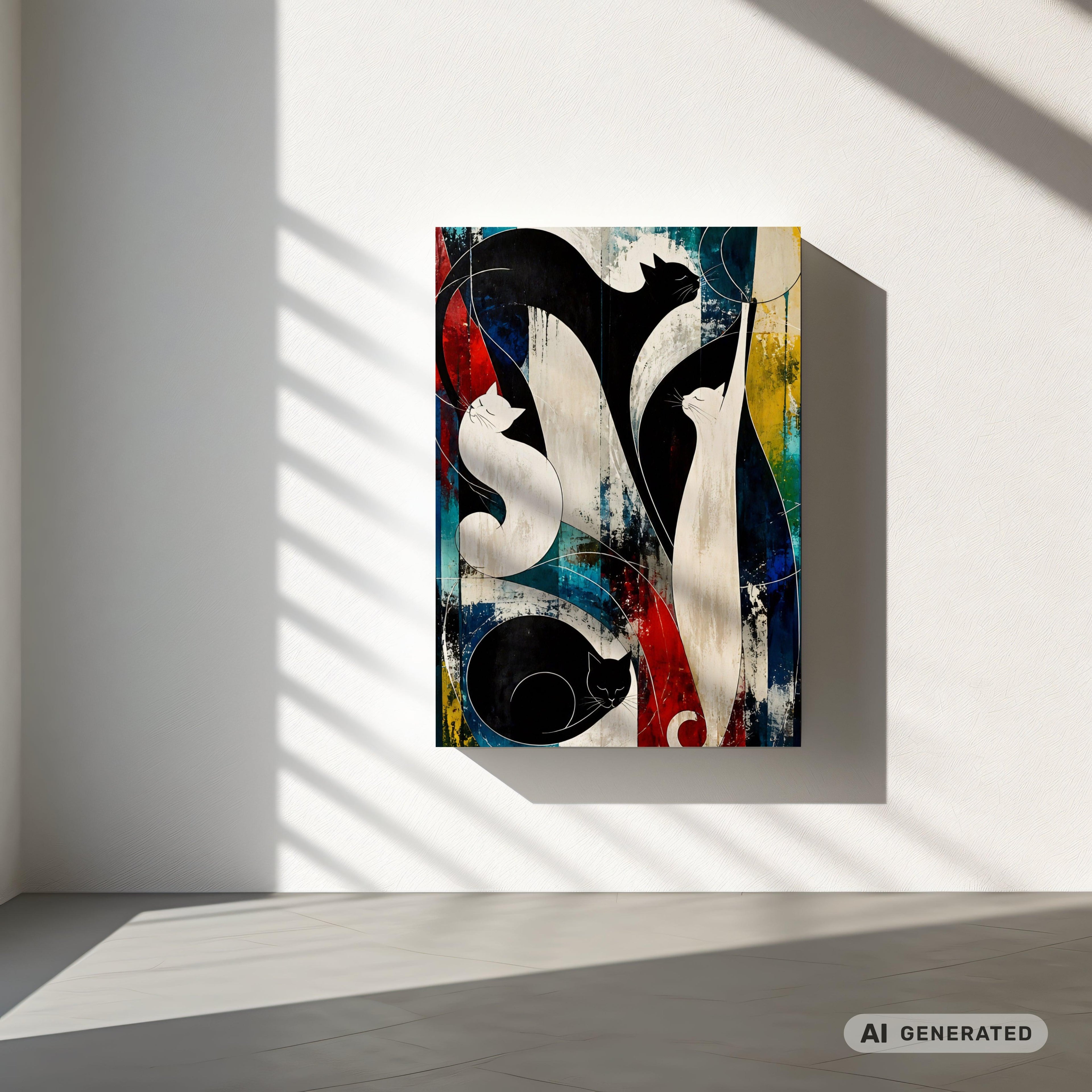 Nocturne for Four Cats – Modernes Katzenbild auf Leinwand 70 x 100 cm | Abstrakte Katzenkunst in kräftigen Farben I Canvas 70x100 cm / 28x40″ - Sunbeamstore