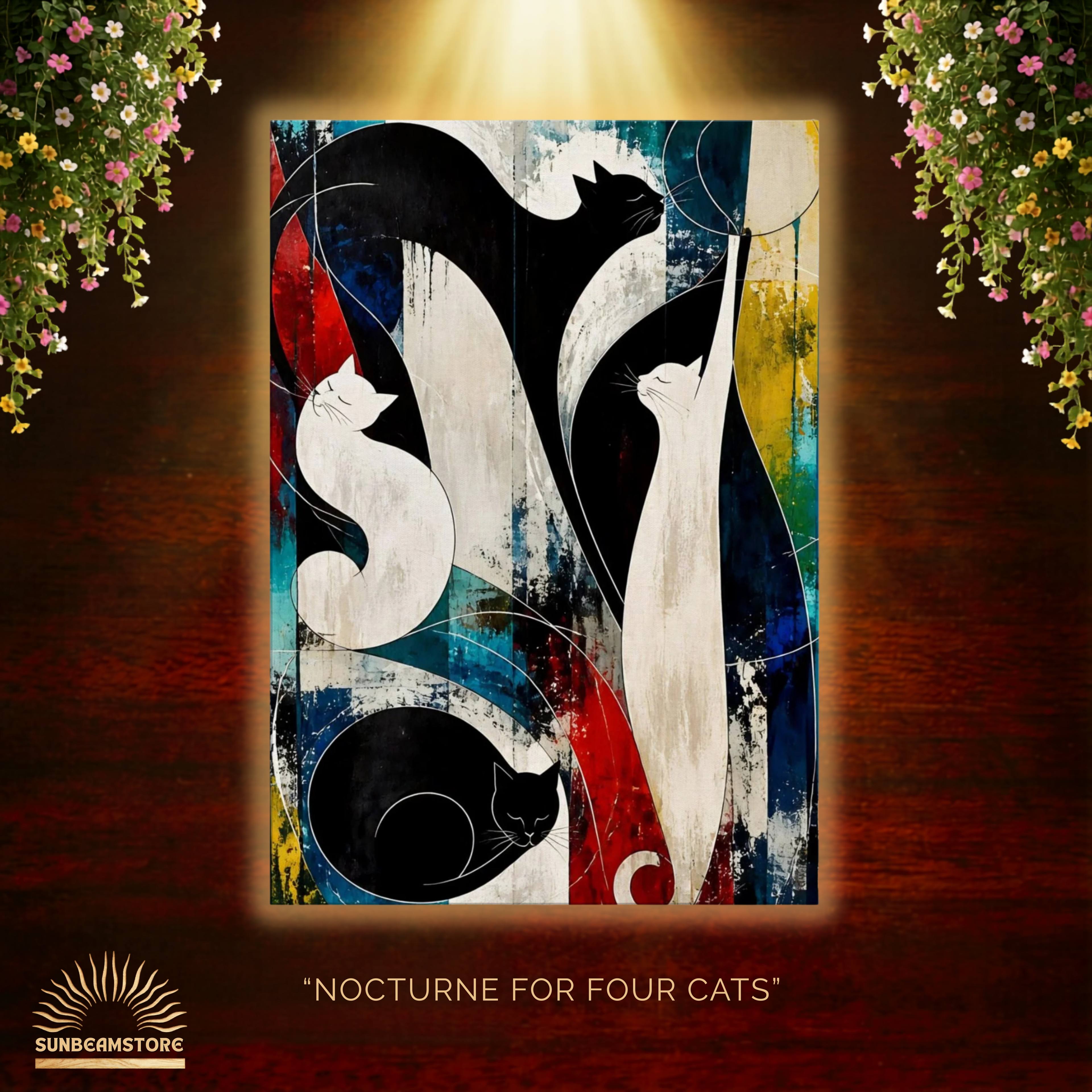 Nocturne for Four Cats – Modernes Katzenbild auf Leinwand 70 x 100 cm | Abstrakte Katzenkunst in kräftigen Farben I Canvas 70x100 cm / 28x40″