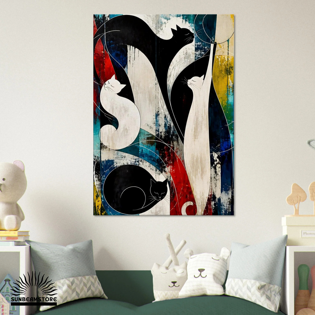 Nocturne for Four Cats – Modernes Katzenbild auf Leinwand 70 x 100 cm | Abstrakte Katzenkunst in kräftigen Farben I Canvas 70x100 cm / 28x40″