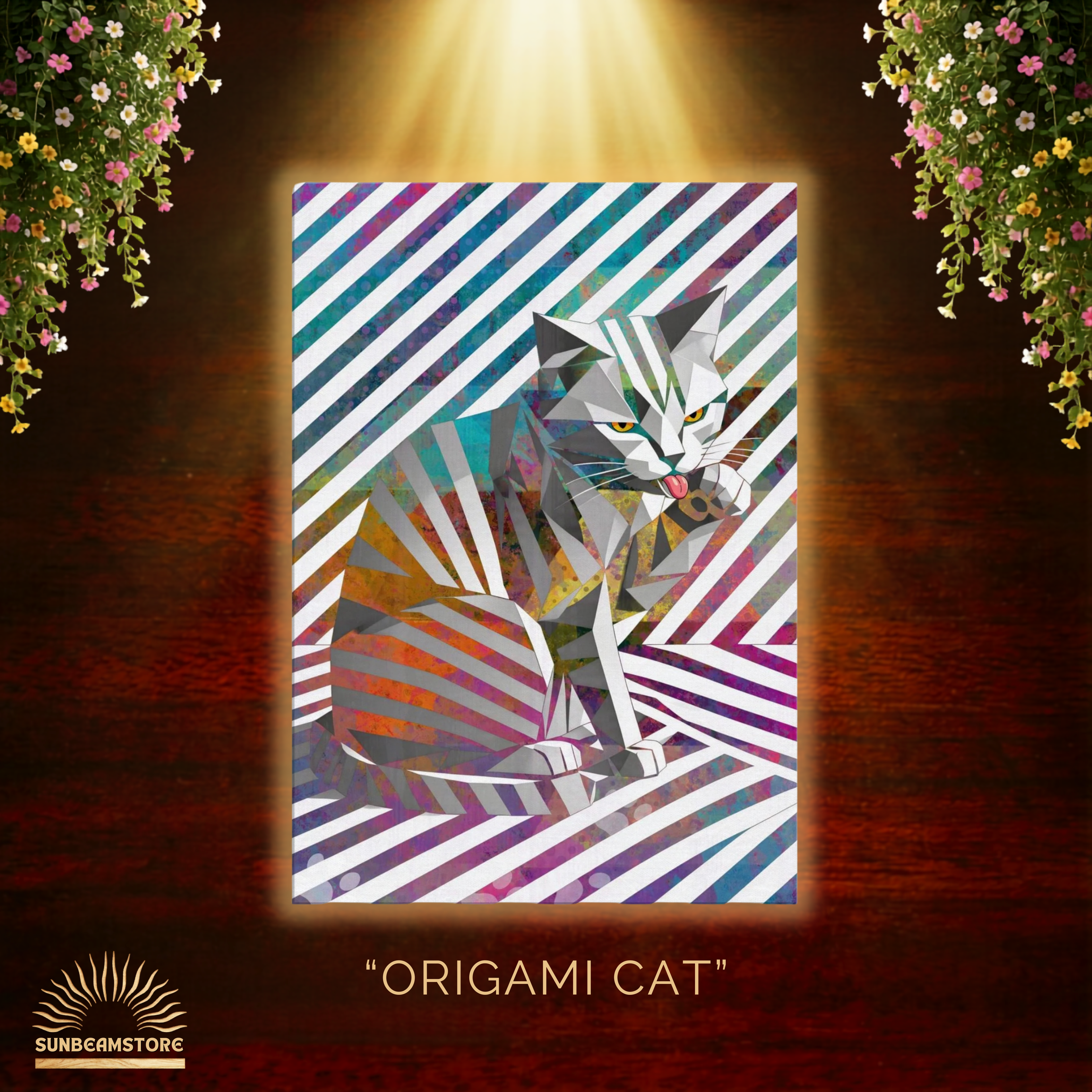 Origami Cat – Moderne Katzenkunst auf Leinwand 70 x 100 cm | Geometrische Pop Art Wanddeko für Katzenliebhaber I Canvas 70x100 cm / 28x40″