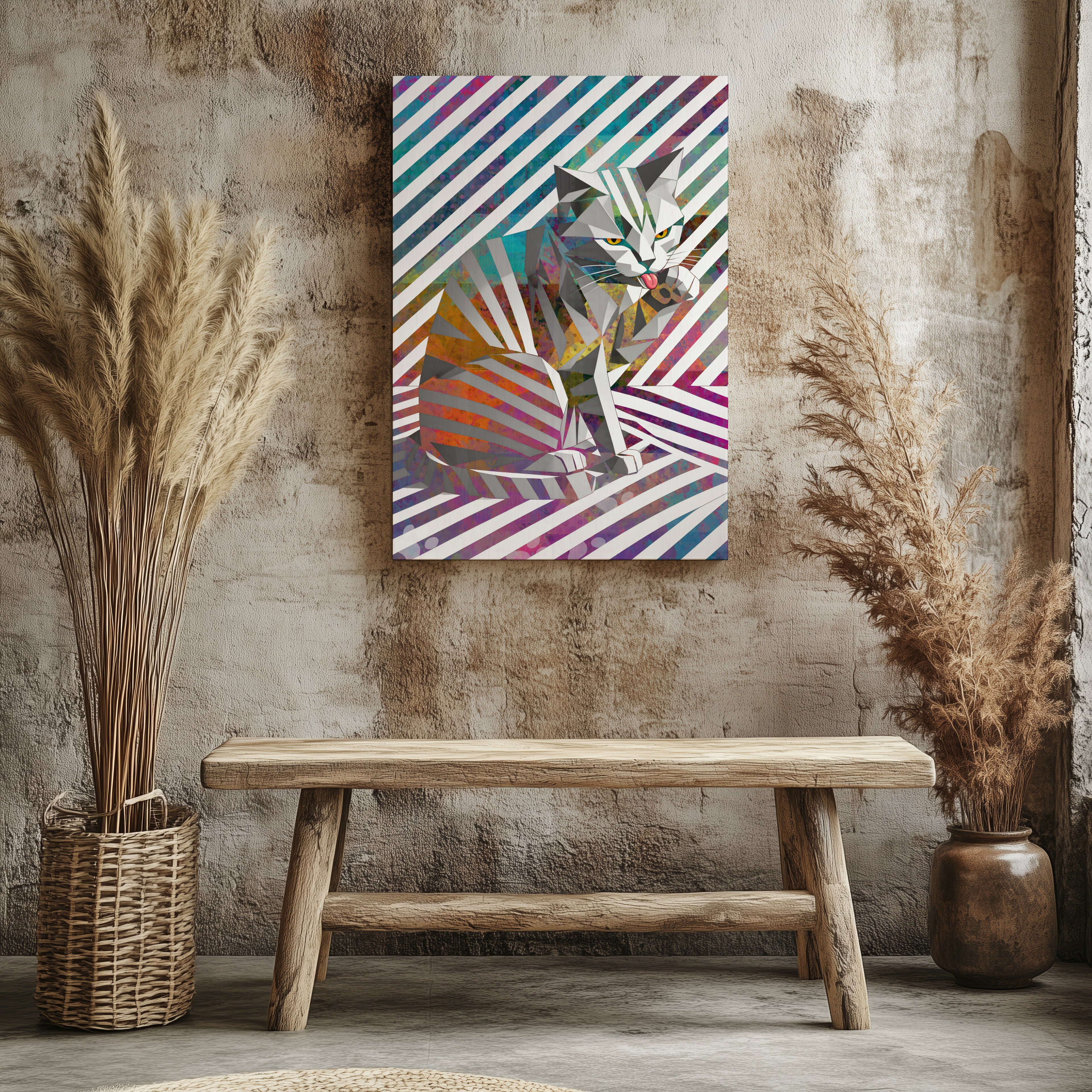 Origami Cat – Moderne Katzenkunst auf Leinwand 70 x 100 cm | Geometrische Pop Art Wanddeko für Katzenliebhaber I Canvas 70x100 cm / 28x40″