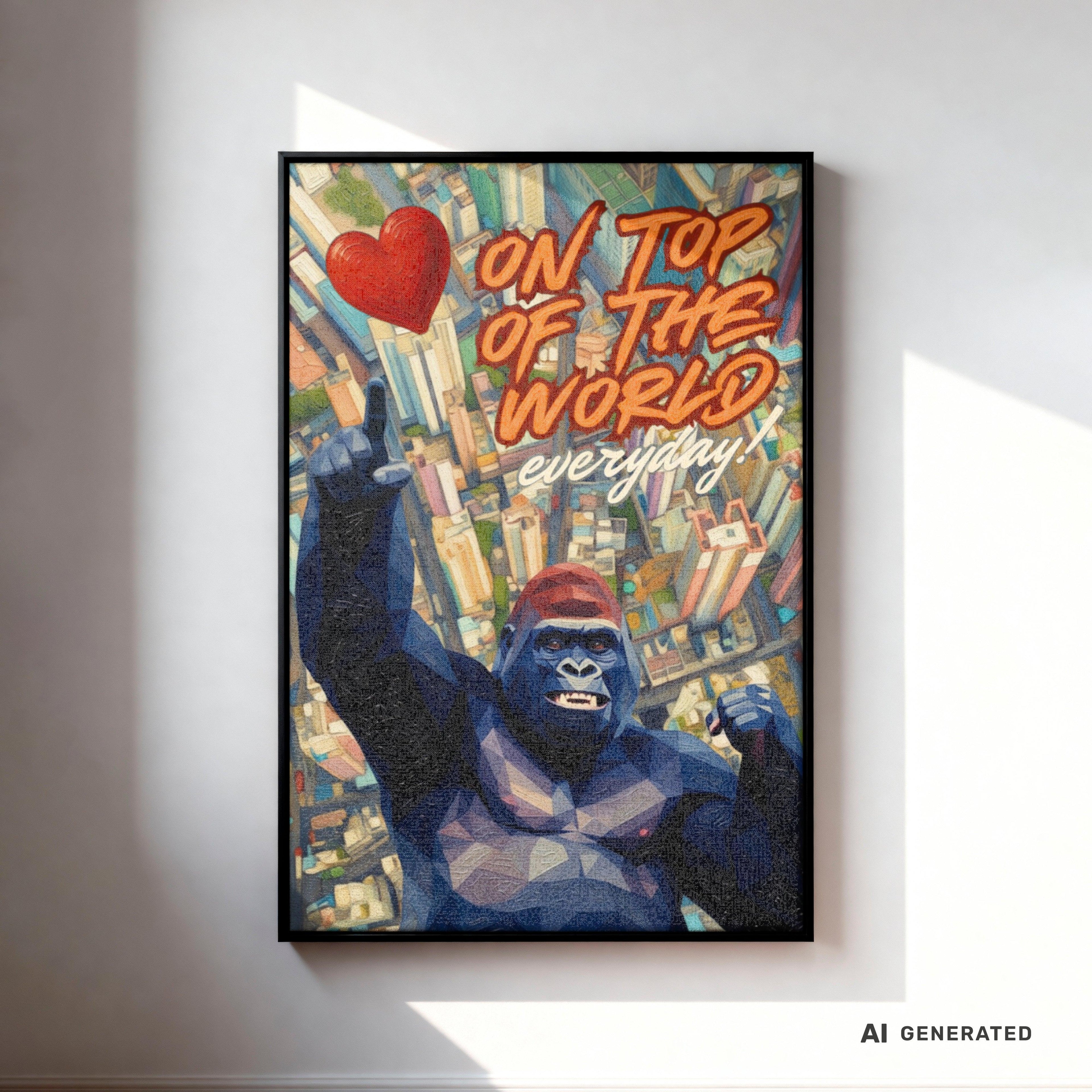 Gorilla Wandbild „On Top of the World“ – moderne Leinwand mit Holzrahmen | Motivations Wanddeko | Pop Art Tierbild 40x60 cm / 16x24″ - Sunbeamstore