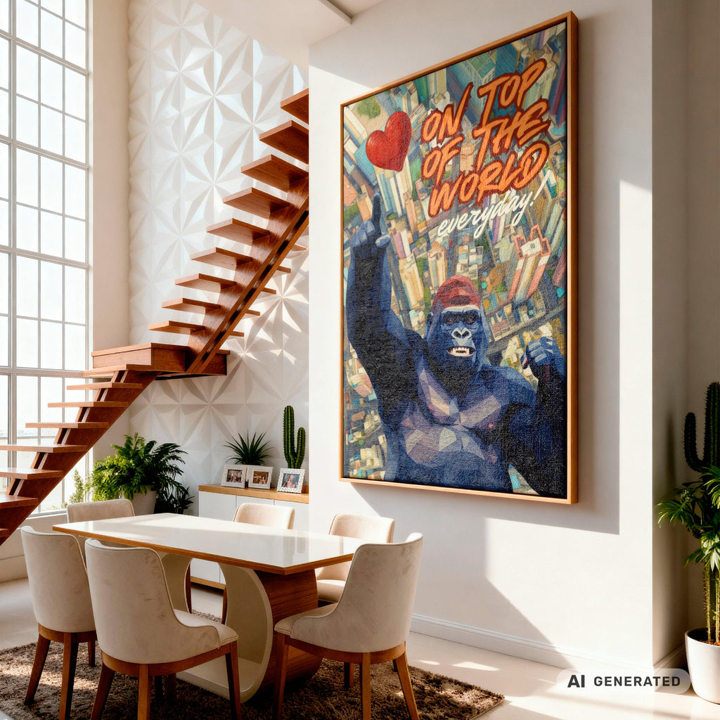 Gorilla Wandbild „On Top of the World“ – moderne Leinwand mit Holzrahmen | Motivations Wanddeko | Pop Art Tierbild 40x60 cm / 16x24″ - Sunbeamstore