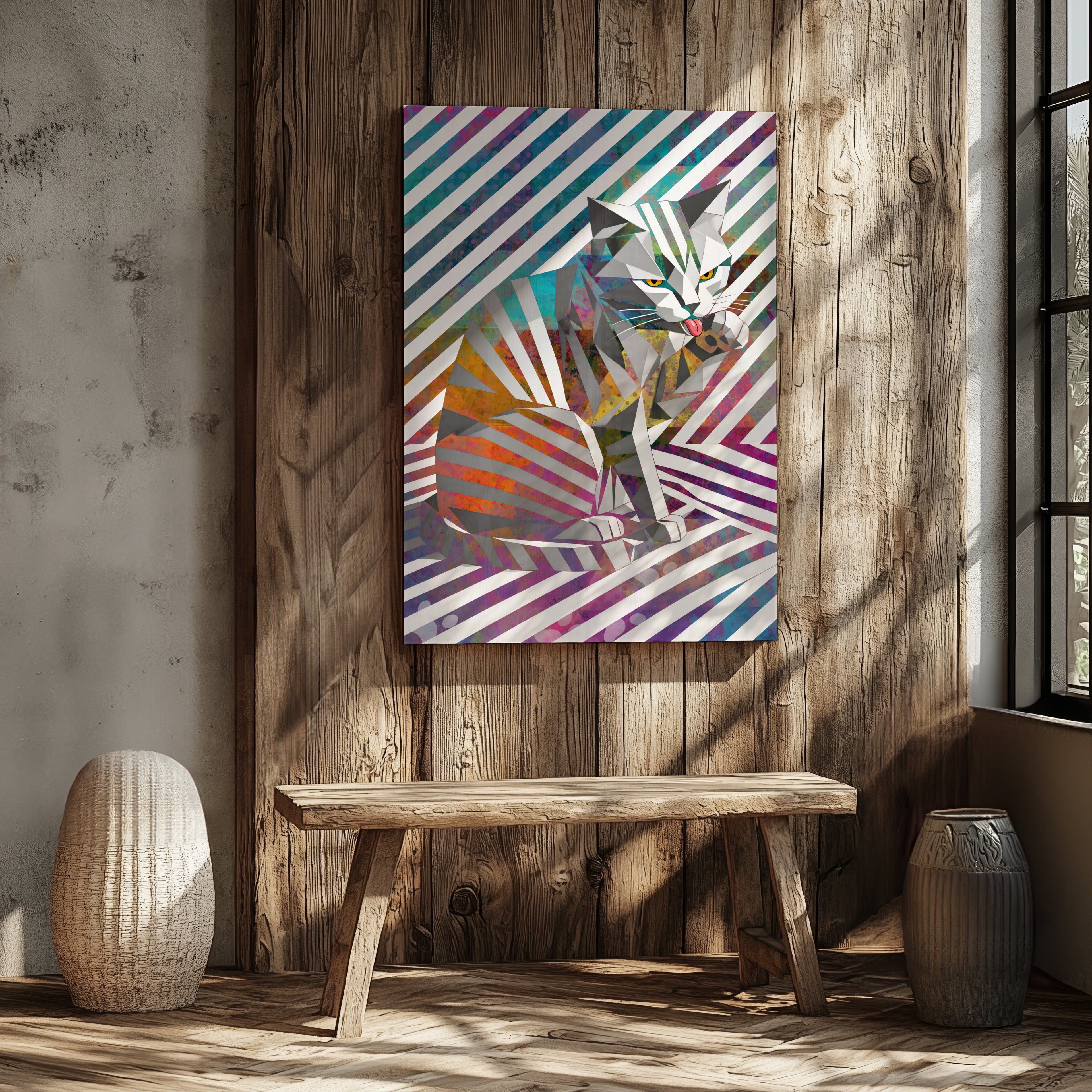 Origami Cat – Moderne Katzenkunst auf Leinwand 70 x 100 cm | Geometrische Pop Art Wanddeko für Katzenliebhaber I Canvas 70x100 cm / 28x40″