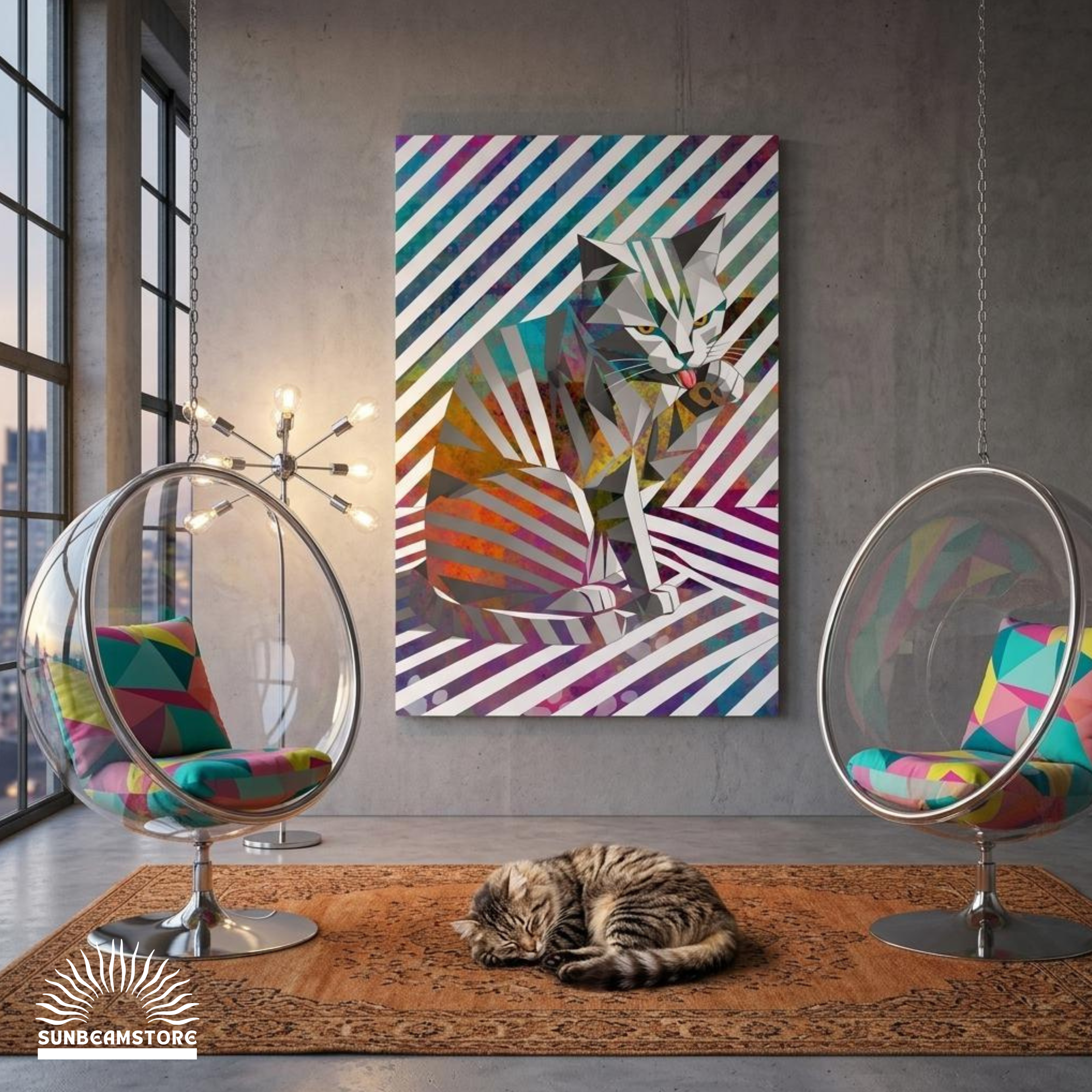 Origami Cat – Moderne Katzenkunst auf Leinwand 70 x 100 cm | Geometrische Pop Art Wanddeko für Katzenliebhaber I Canvas 70x100 cm / 28x40″