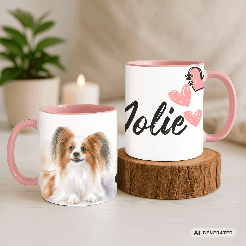 Personalisierte Papillon Tasse 11oz – Aquarell Hundemotiv mit Namen | Geschenk für Papillon Besitzer | Keramiktasse mit Farbwahl - Sunbeamstore
