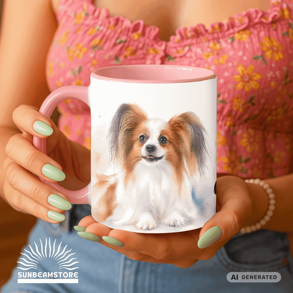 Personalisierte Papillon Tasse 11oz – Aquarell Hundemotiv mit Namen | Geschenk für Papillon Besitzer | Keramiktasse mit Farbwahl - Sunbeamstore
