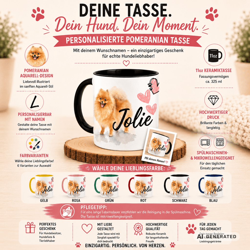 Personalisierte Pomeranian / Zwergspitz Tasse 11oz – Aquarell Hundemotiv mit Namen | Geschenk für Zwergspitz Besitzer | Keramiktasse mit Farbwahl - Sunbeamstore