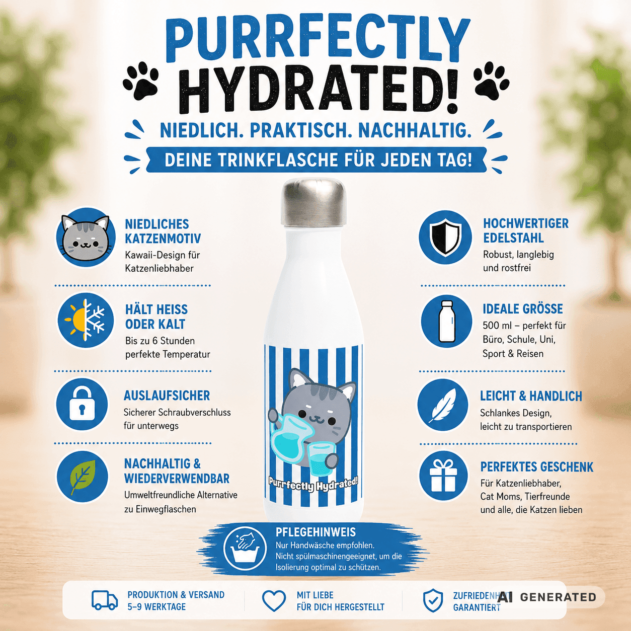 Edelstahl Trinkflasche Katze 500 ml – Purrfectly Hydrated | Süße Katzen Isolierflasche | Wiederverwendbare Wasserflasche | Geschenk für Katzenliebhaber - Sunbeamstore