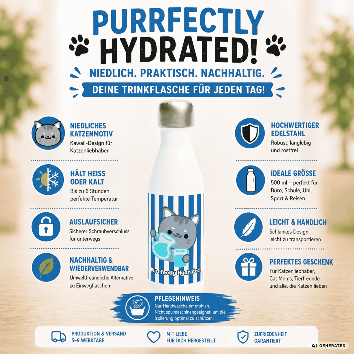 Edelstahl Trinkflasche Katze 500 ml – Purrfectly Hydrated | Süße Katzen Isolierflasche | Wiederverwendbare Wasserflasche | Geschenk für Katzenliebhaber - Sunbeamstore
