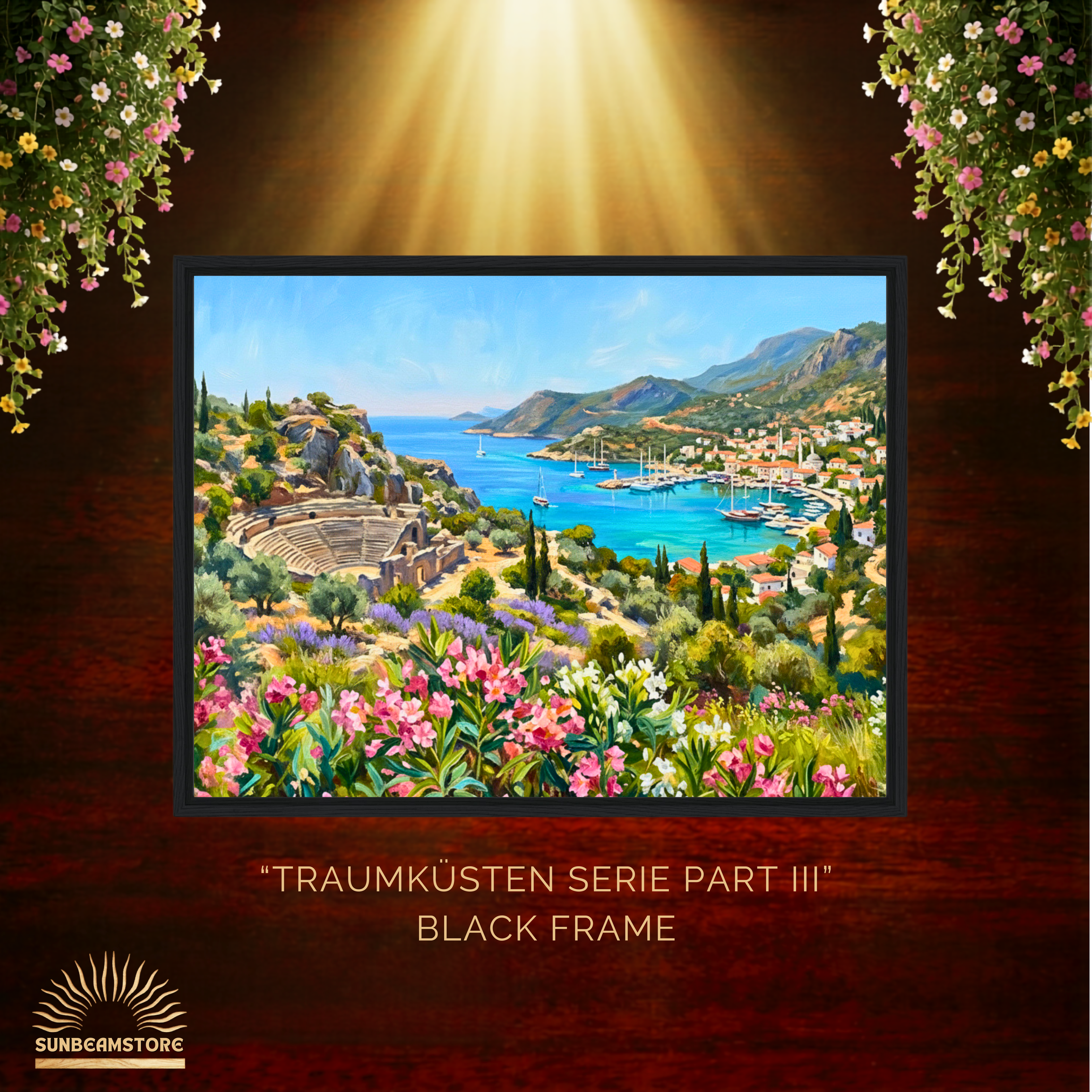Traumküsten Serie Part III – Mediterrane Küstenlandschaft auf Leinwand | Holzrahmen Wandbild für Balkon & Terrasse | Urlaubsfeeling für Zuhause