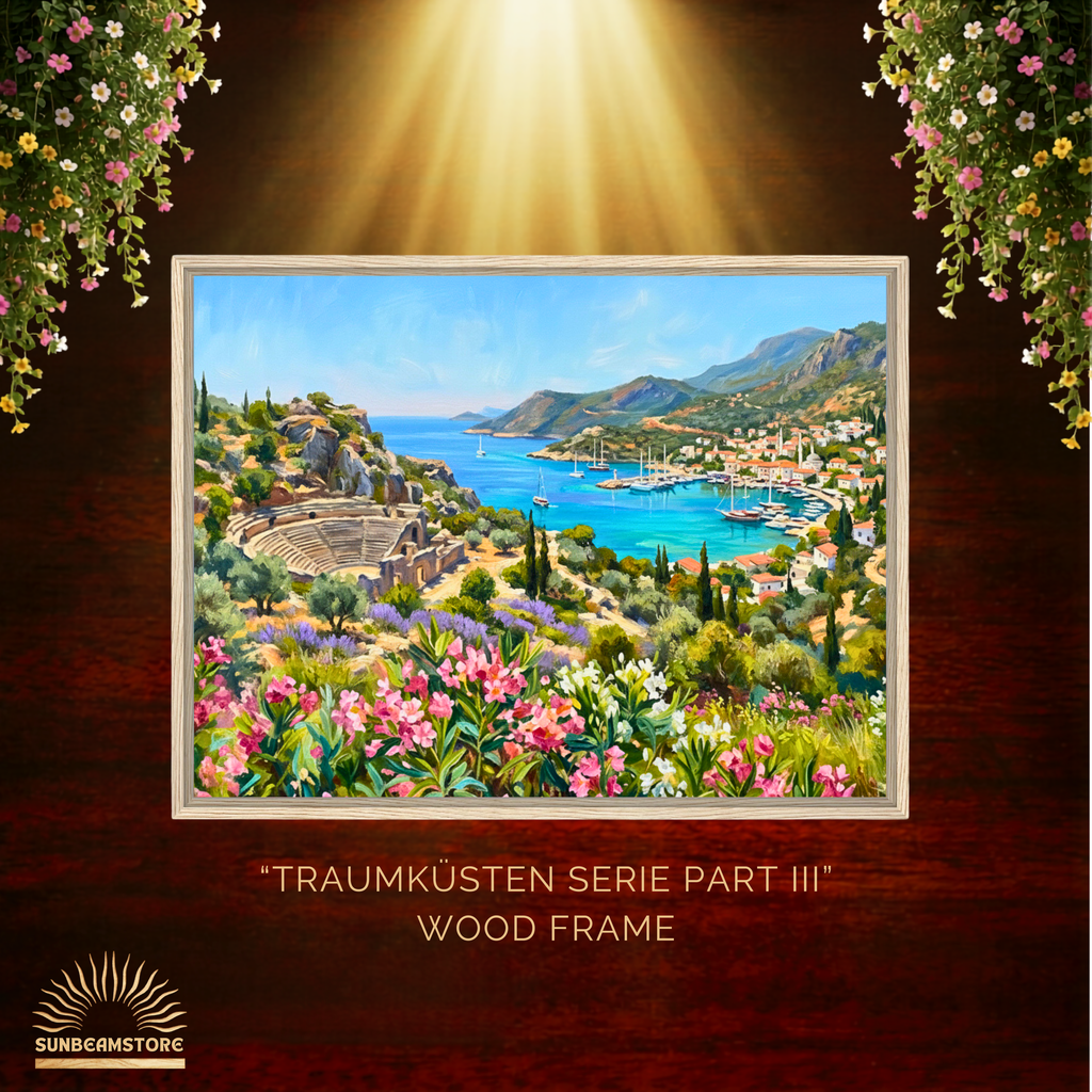 Traumküsten Serie Part III – Mediterrane Küstenlandschaft auf Leinwand | Holzrahmen Wandbild für Balkon & Terrasse | Urlaubsfeeling für Zuhause