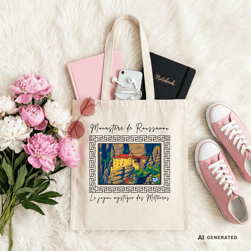 Stofftasche Meteora – Griechisches Kloster Design, Kunst Tote Bag, Geschenk für Griechenlandfans - Sunbeamstore